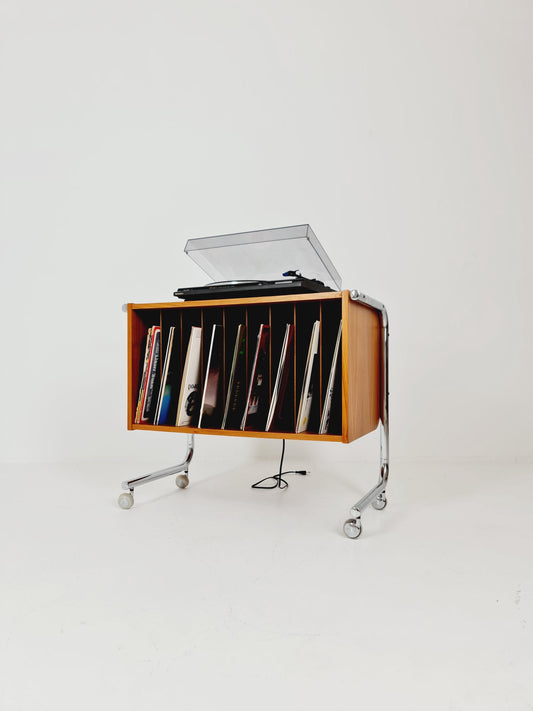 Vintage Bauhaus walnut & chrome record cabinet sideboard, 1960s