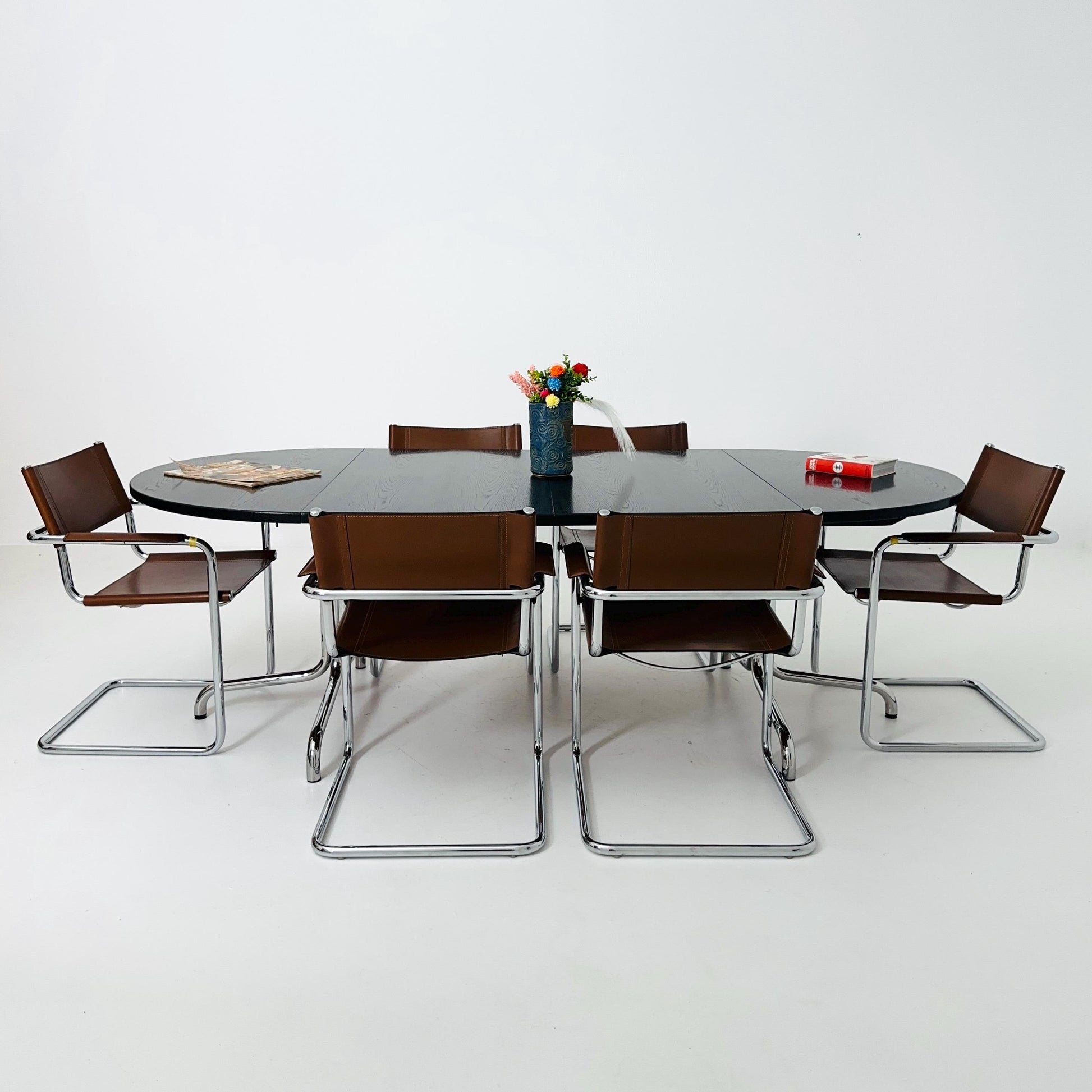Mid Century Extendable Dining Table by Thonet, Model 1052 – Black Laminate & Chrome, Germany 1980s
