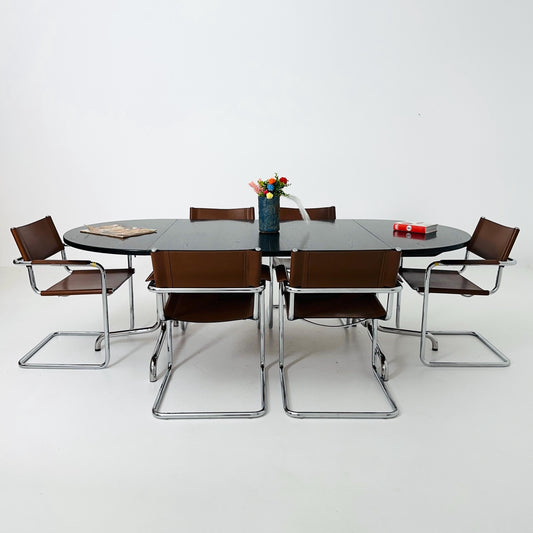 Mid Century Extendable Dining Table by Thonet, Model 1052 – Black Laminate & Chrome, Germany 1980s