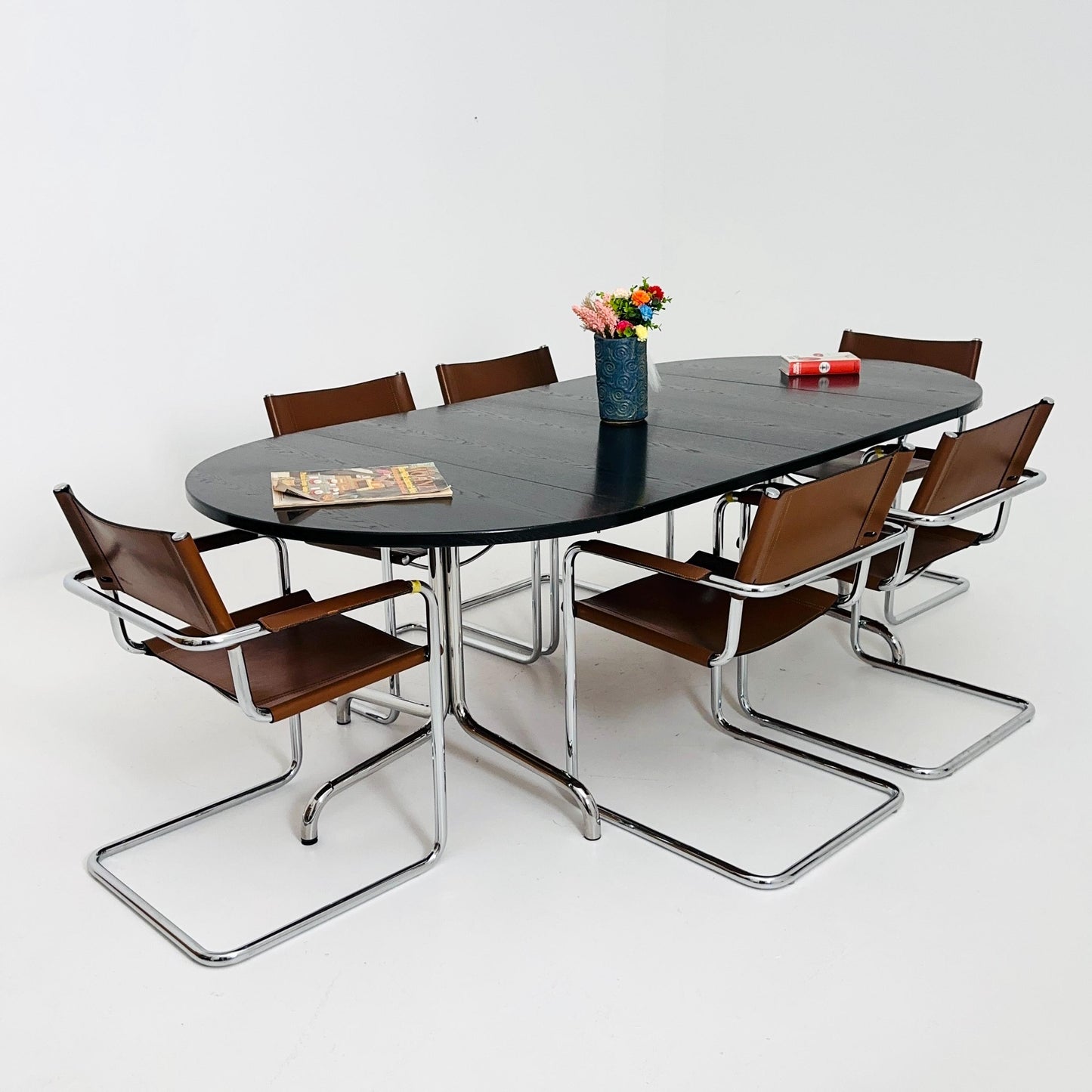 Mid Century Extendable Dining Table by Thonet, Model 1052 – Black Laminate & Chrome, Germany 1980s