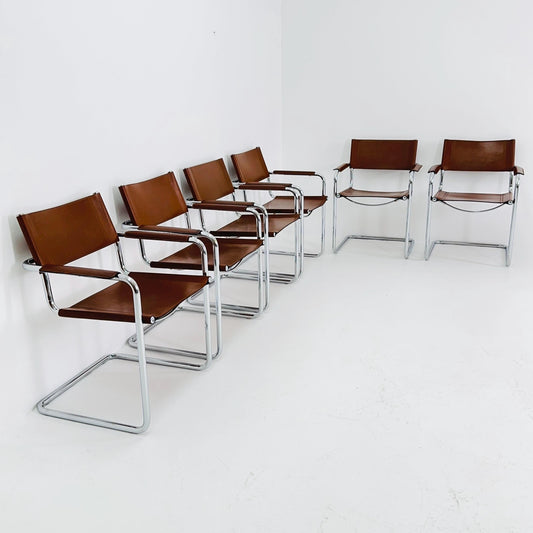 Set of 6 Model MG5 Centro Studi dining cognac leather chairs by Mart Stam & Marcel Breuer for Matteo Grassi, 1980s
