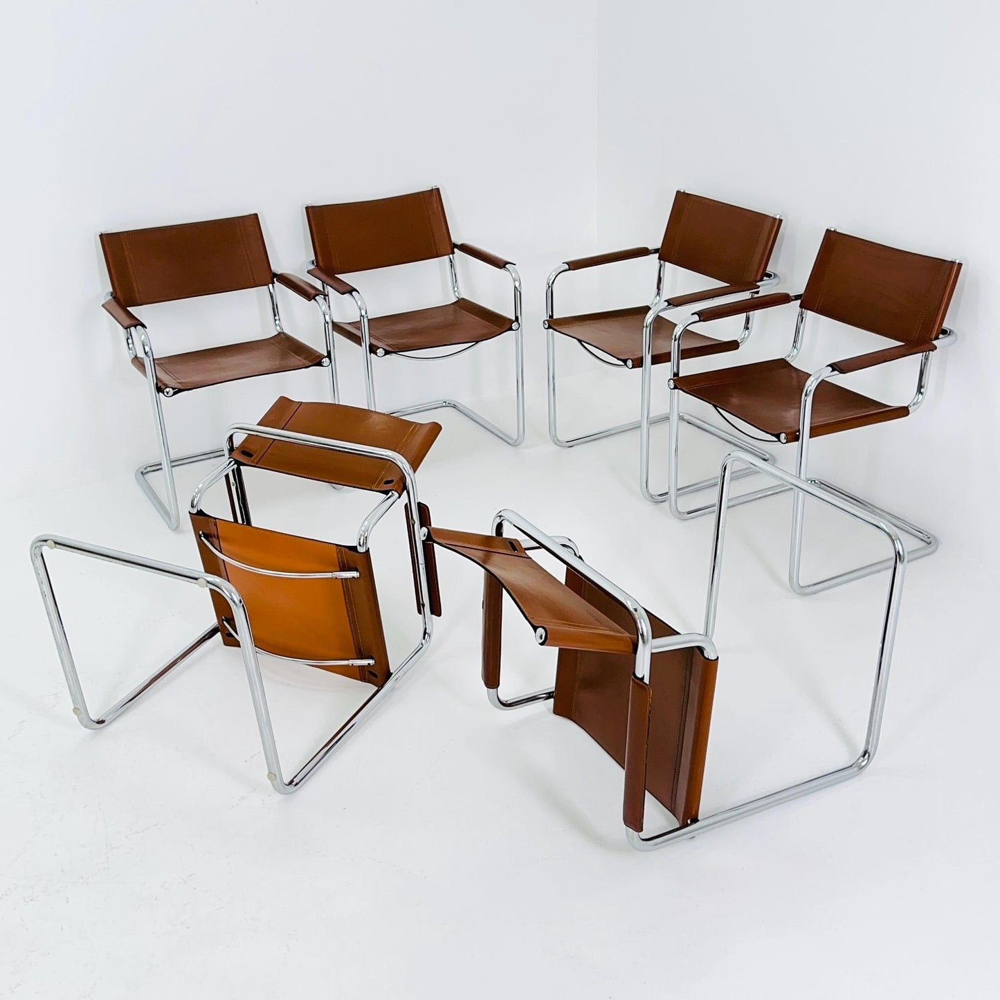 Set of 6 Model MG5 Centro Studi dining cognac leather chairs by Mart Stam & Marcel Breuer for Matteo Grassi, 1980s