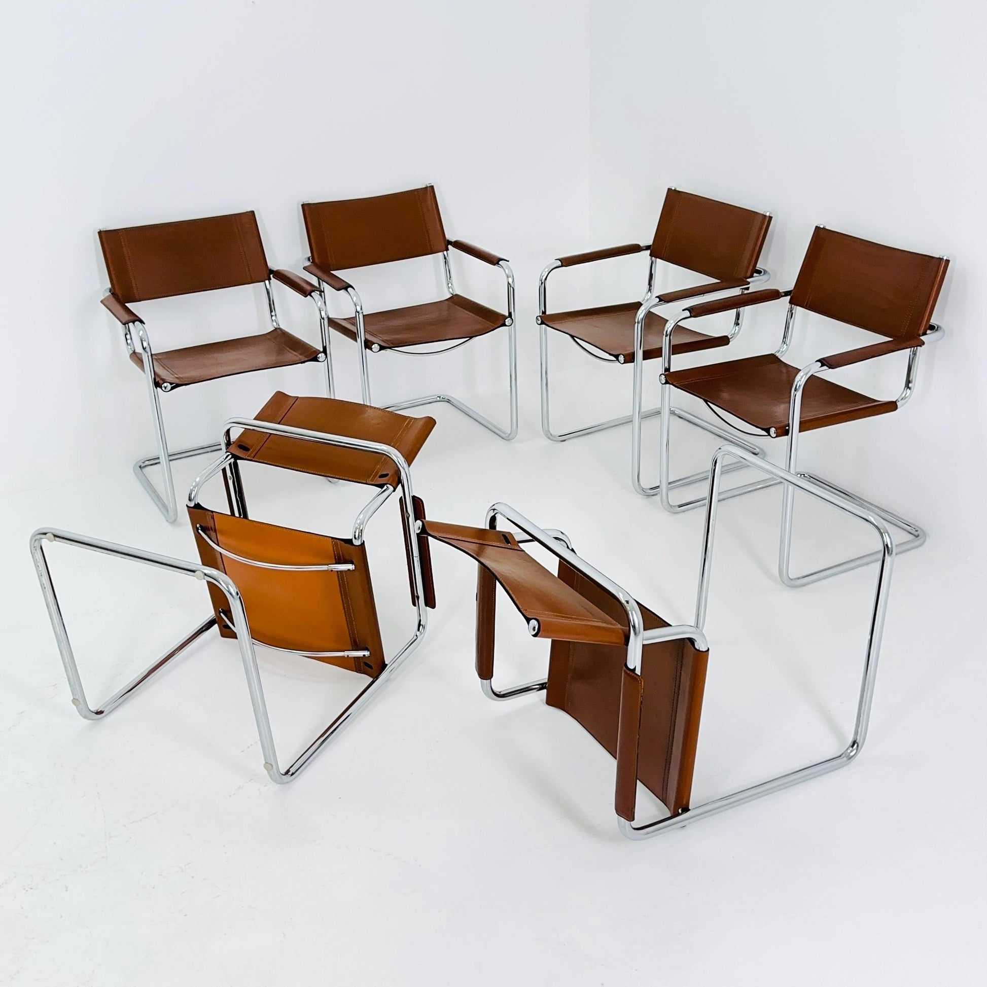 Set of 6 Model MG5 Centro Studi dining cognac leather chairs by Mart Stam & Marcel Breuer for Matteo Grassi, 1980s