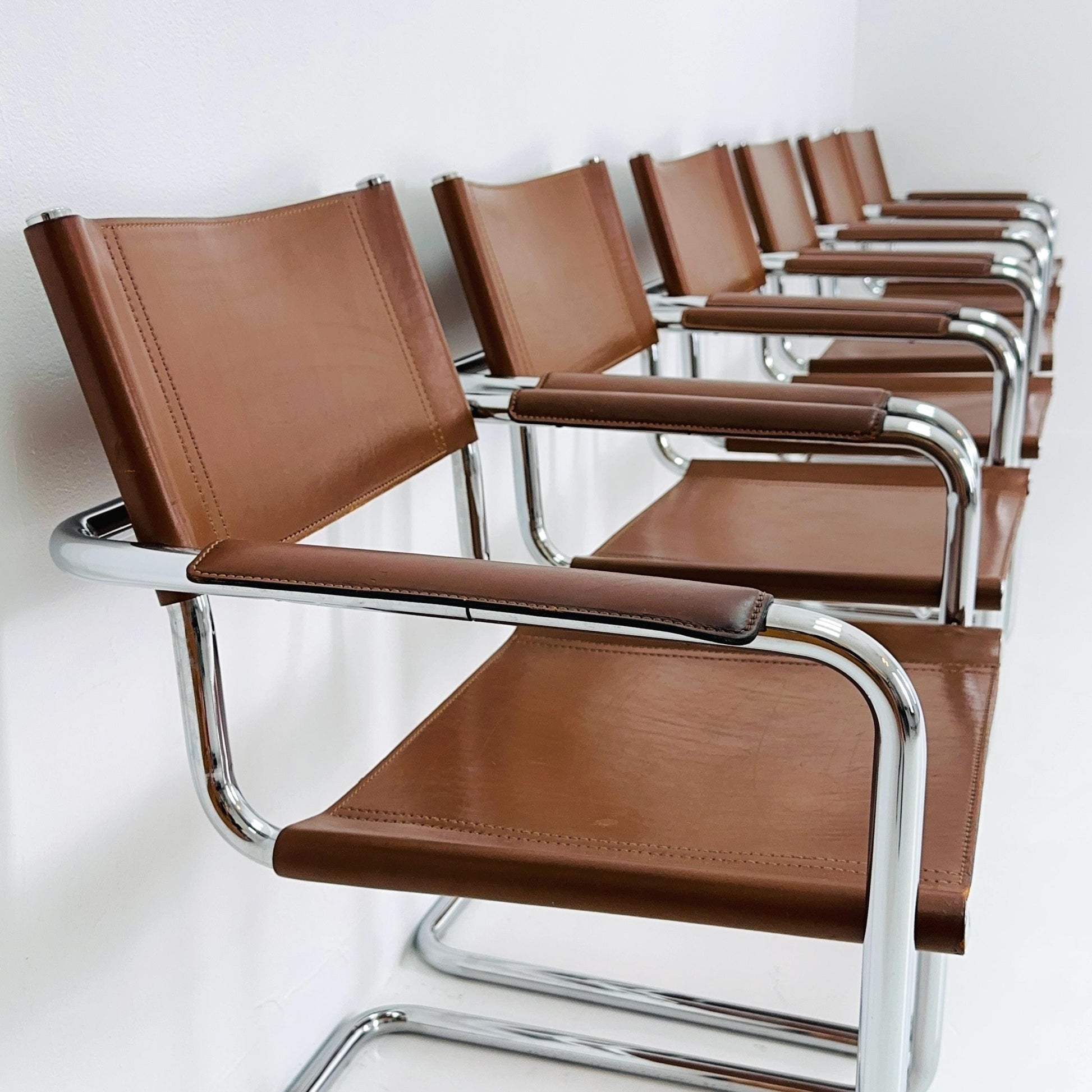 Set of 6 Model MG5 Centro Studi dining cognac leather chairs by Mart Stam & Marcel Breuer for Matteo Grassi, 1980s