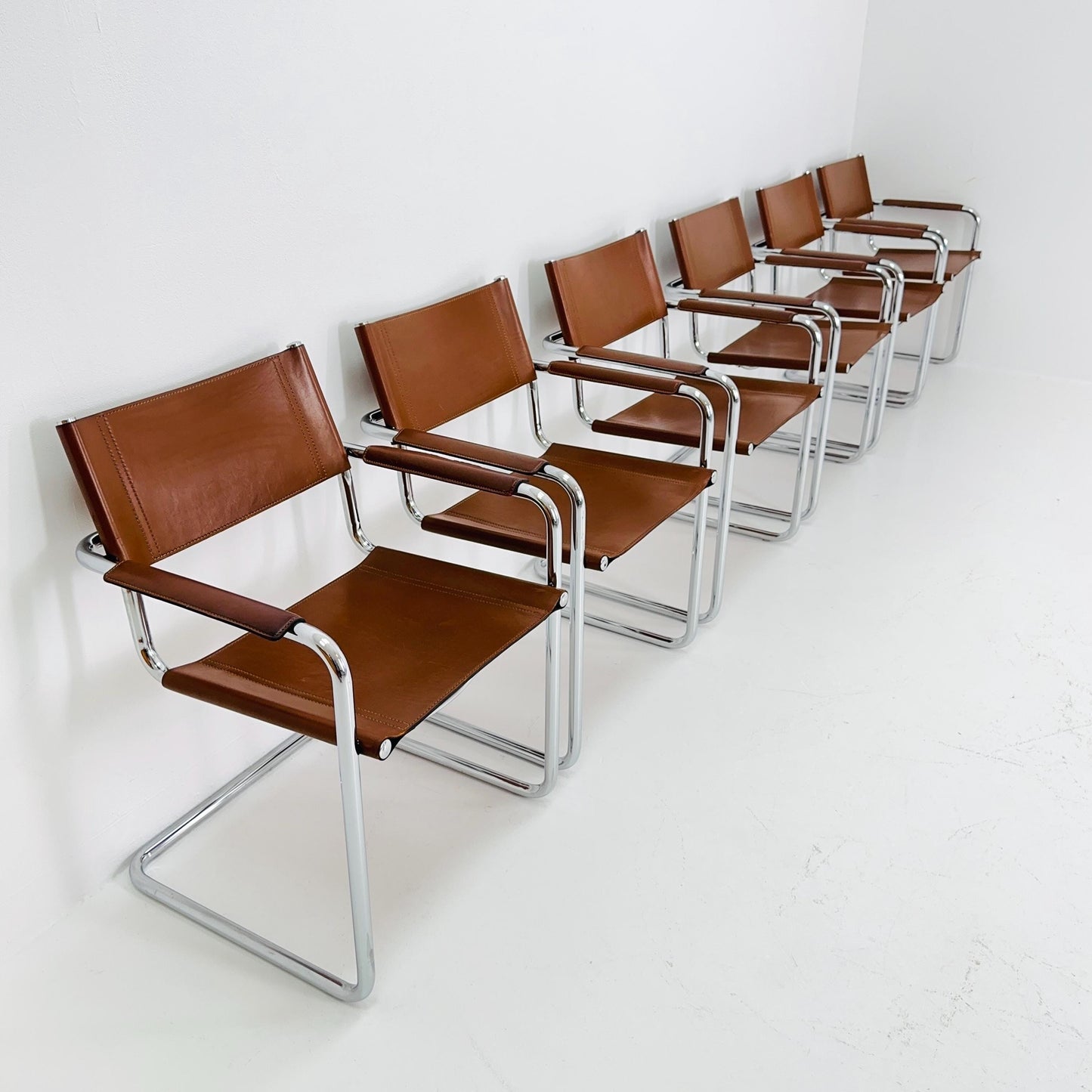 Set of 6 Model MG5 Centro Studi dining cognac leather chairs by Mart Stam & Marcel Breuer for Matteo Grassi, 1980s