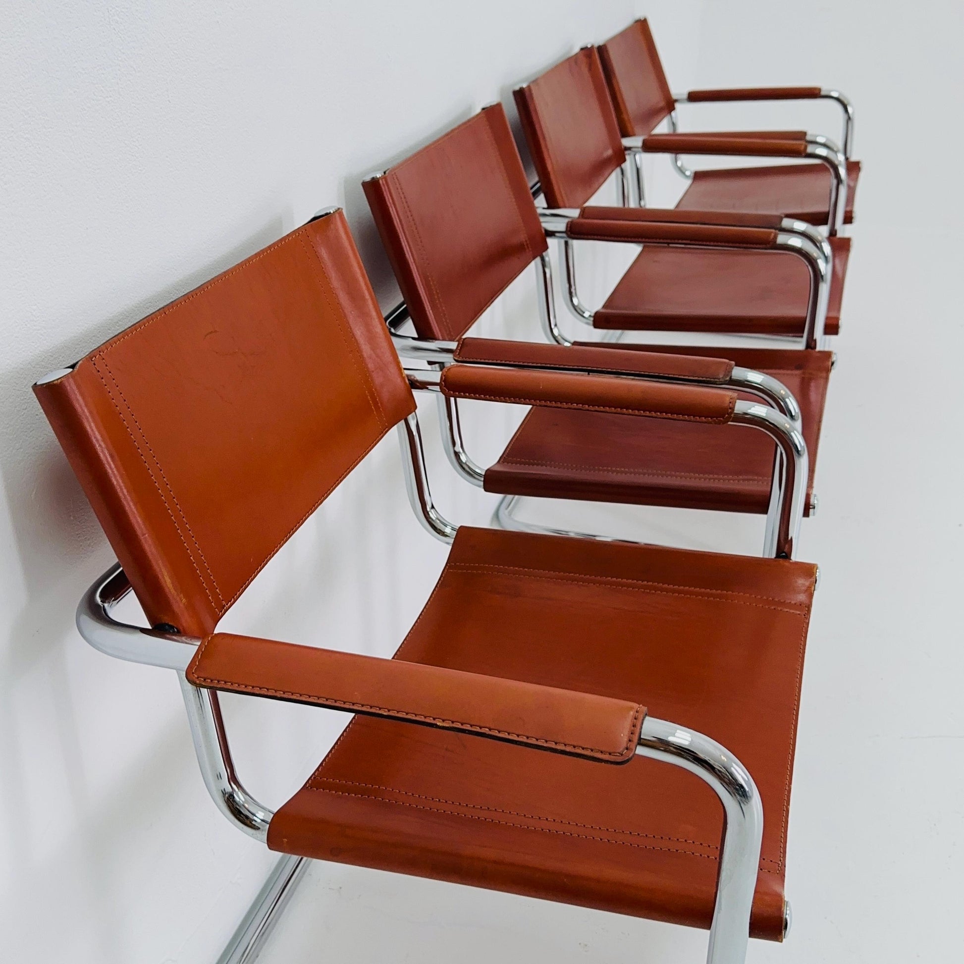 Set of 4 Model MG5 Centro Studi dining cognac leather chairs by Mart Stam & Marcel Breuer for Matteo Grassi, 1980s