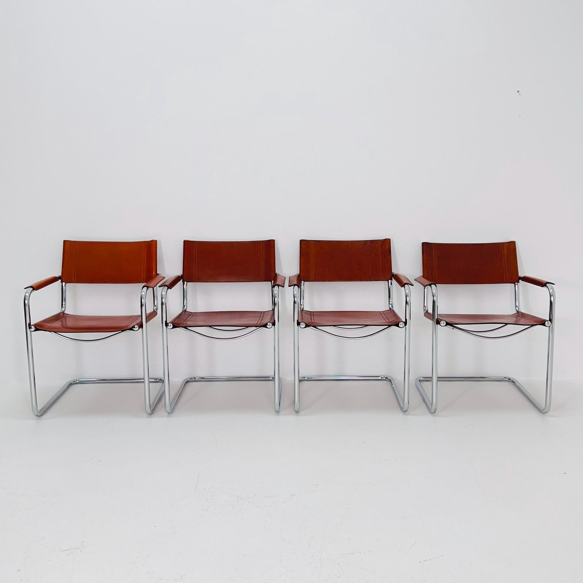 Set of 4 Model MG5 Centro Studi dining cognac leather chairs by Mart Stam & Marcel Breuer for Matteo Grassi, 1980s