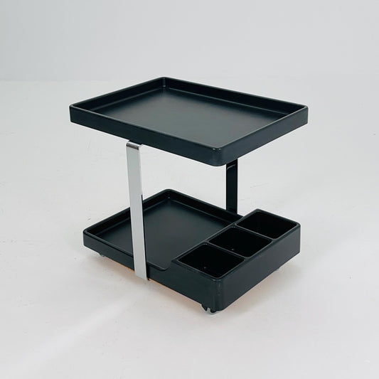 Mid Century Modern Black Bar Cart / Trolley Side Table – Chrome Frame, Italy 1980s