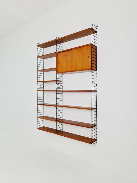 Wall-mounted original Swedish string shelf-system, bookcase Walnut by Nils & Kajsa Strinning, 1960s