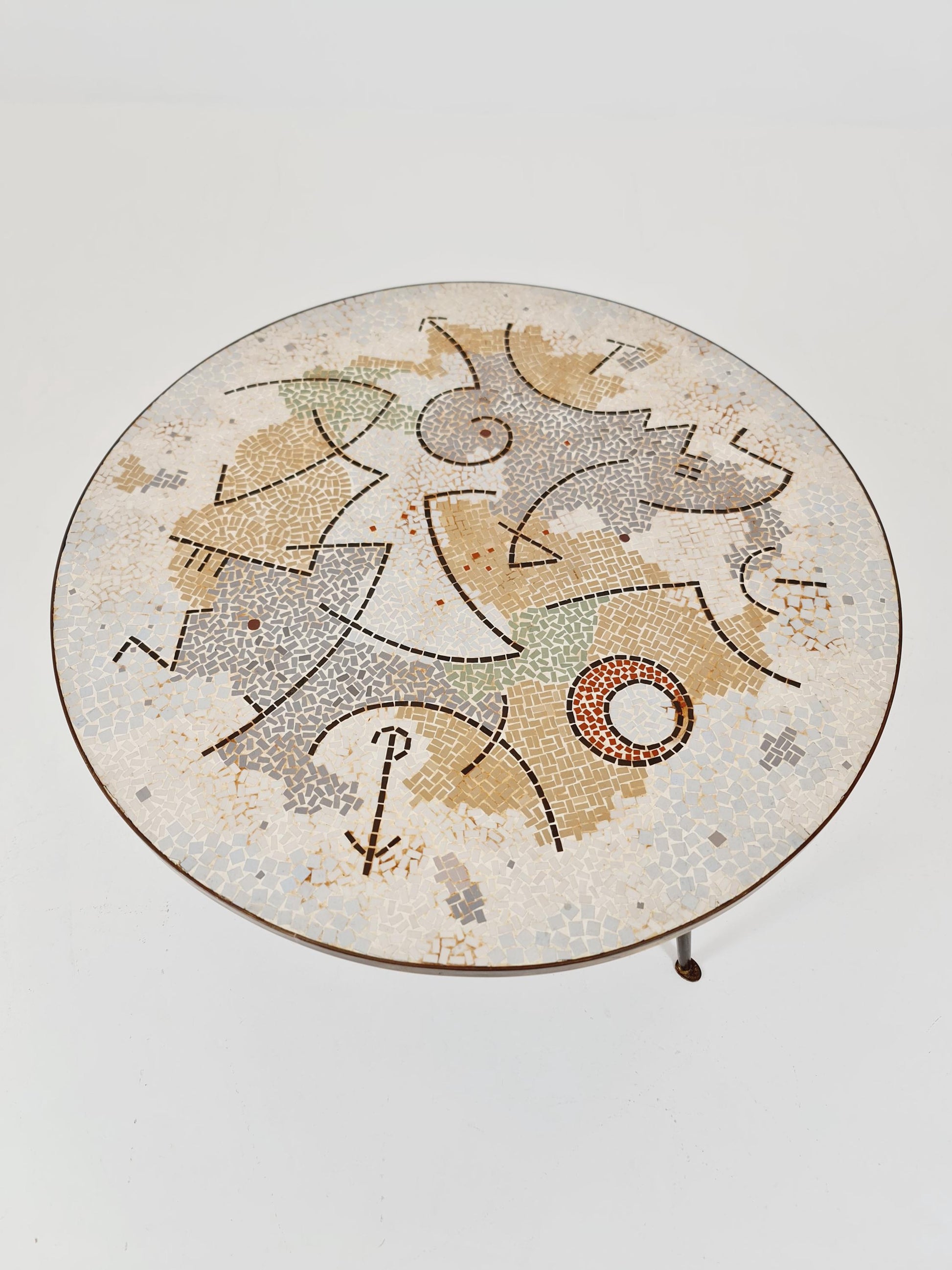 Unique round mosaic & solid brass coffe table from the 50s by Berthold Müller