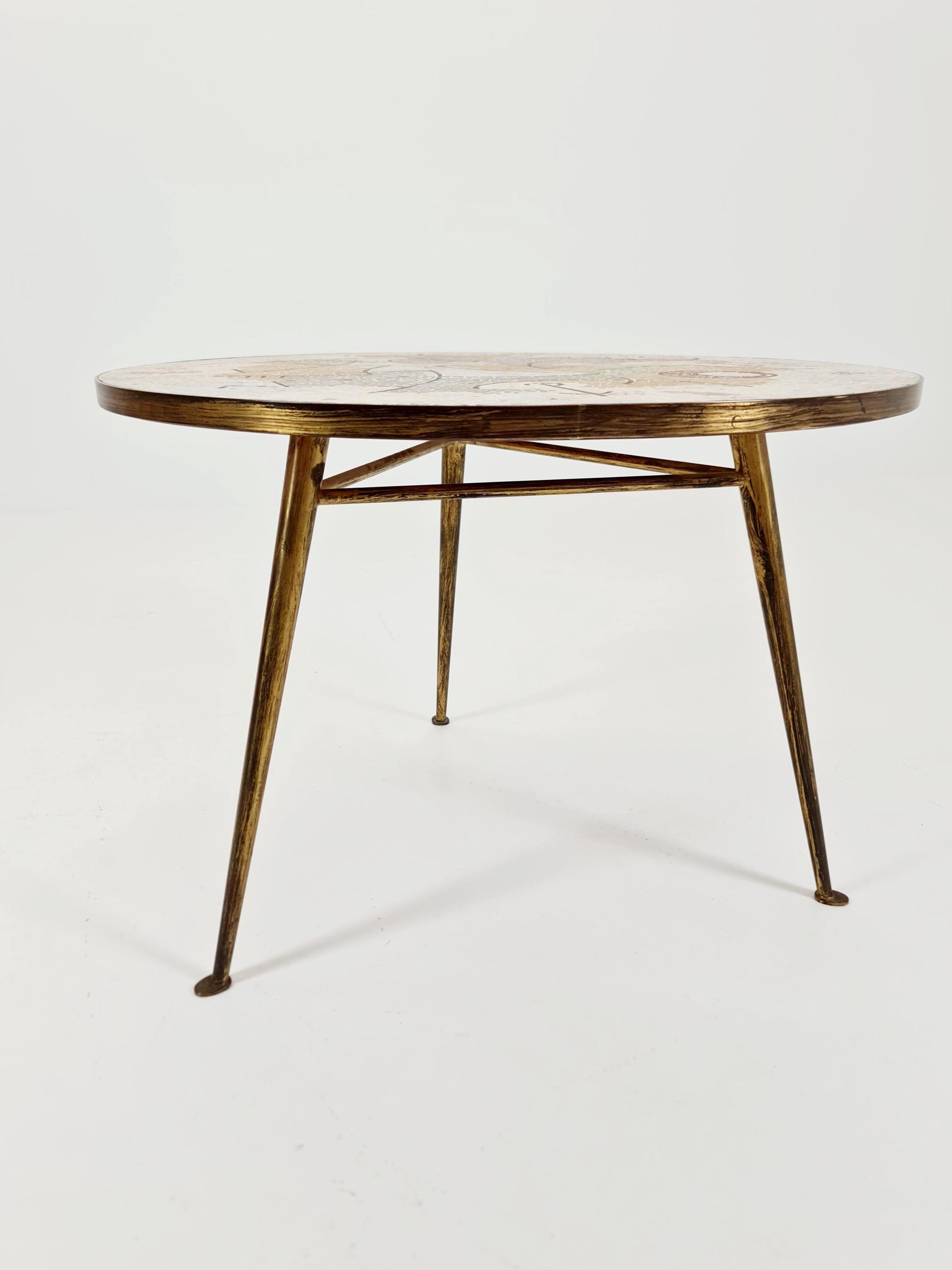 Unique round mosaic & solid brass coffe table from the 50s by Berthold Müller