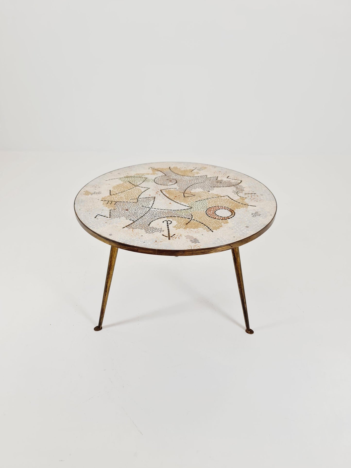 Unique round mosaic & solid brass coffe table from the 50s by Berthold Müller