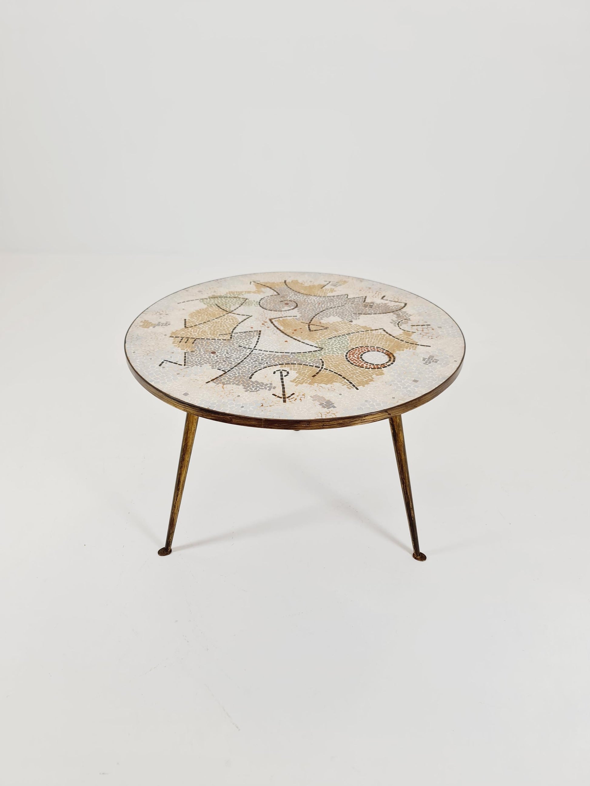 Unique round mosaic & solid brass coffe table from the 50s by Berthold Müller