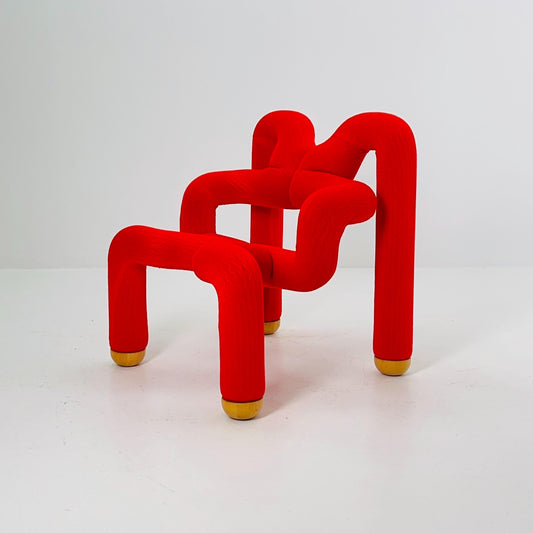 Mid century Postmodern Ekstrem Chair by Terje Ekström – Red Fabric Lounge Chair, Norway 1984 – Iconic Sculptural Seating