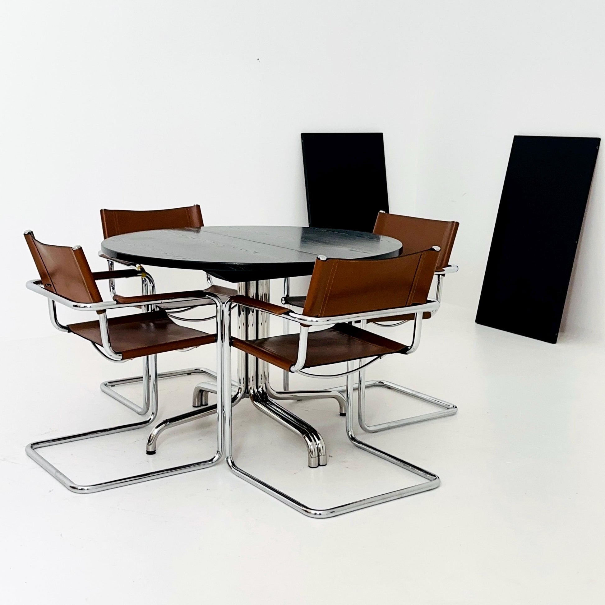 Mid Century Extendable Dining Table by Thonet, Model 1052 – Black Laminate & Chrome, Germany 1980s