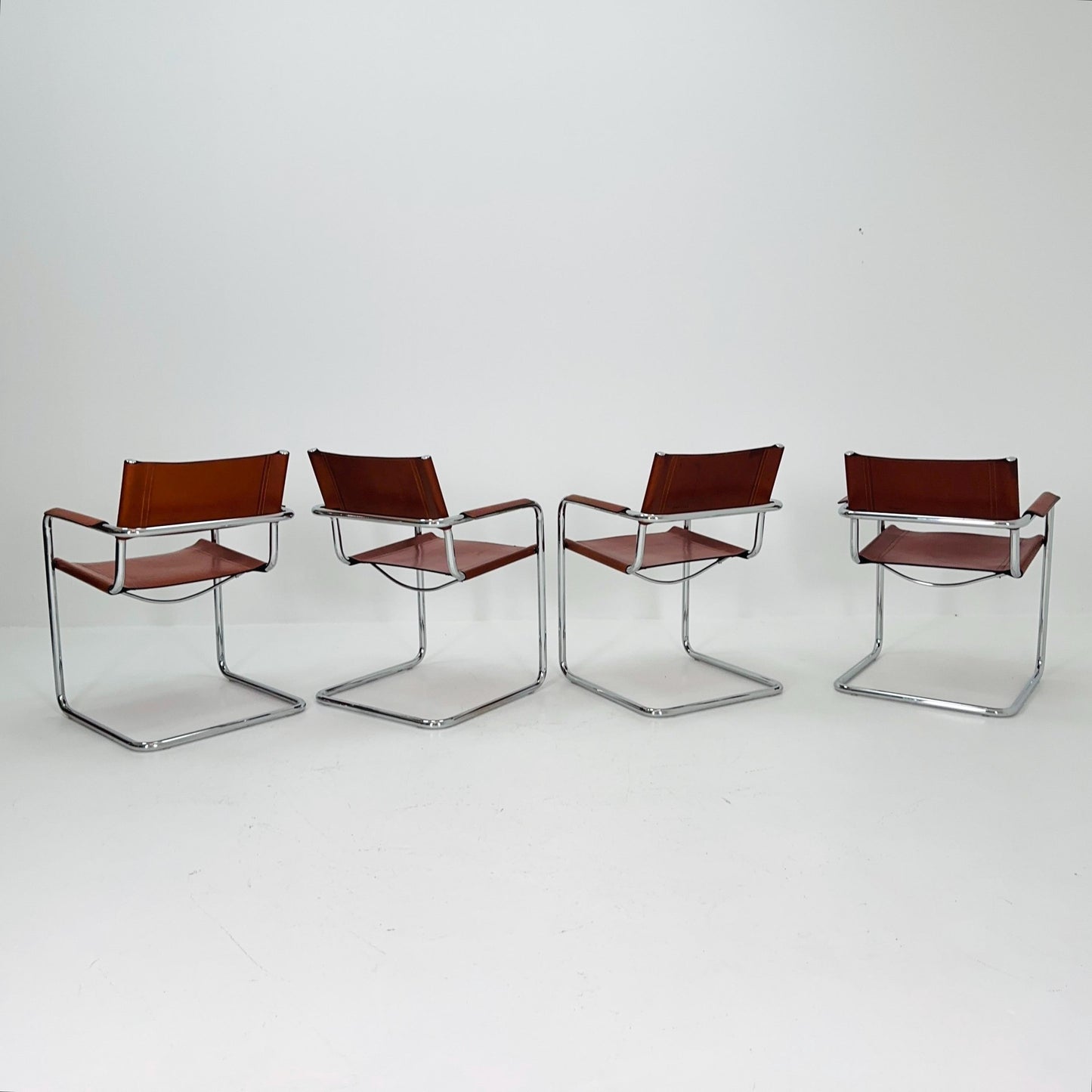 Set of 4 Model MG5 Centro Studi dining cognac leather chairs by Mart Stam & Marcel Breuer for Matteo Grassi, 1980s