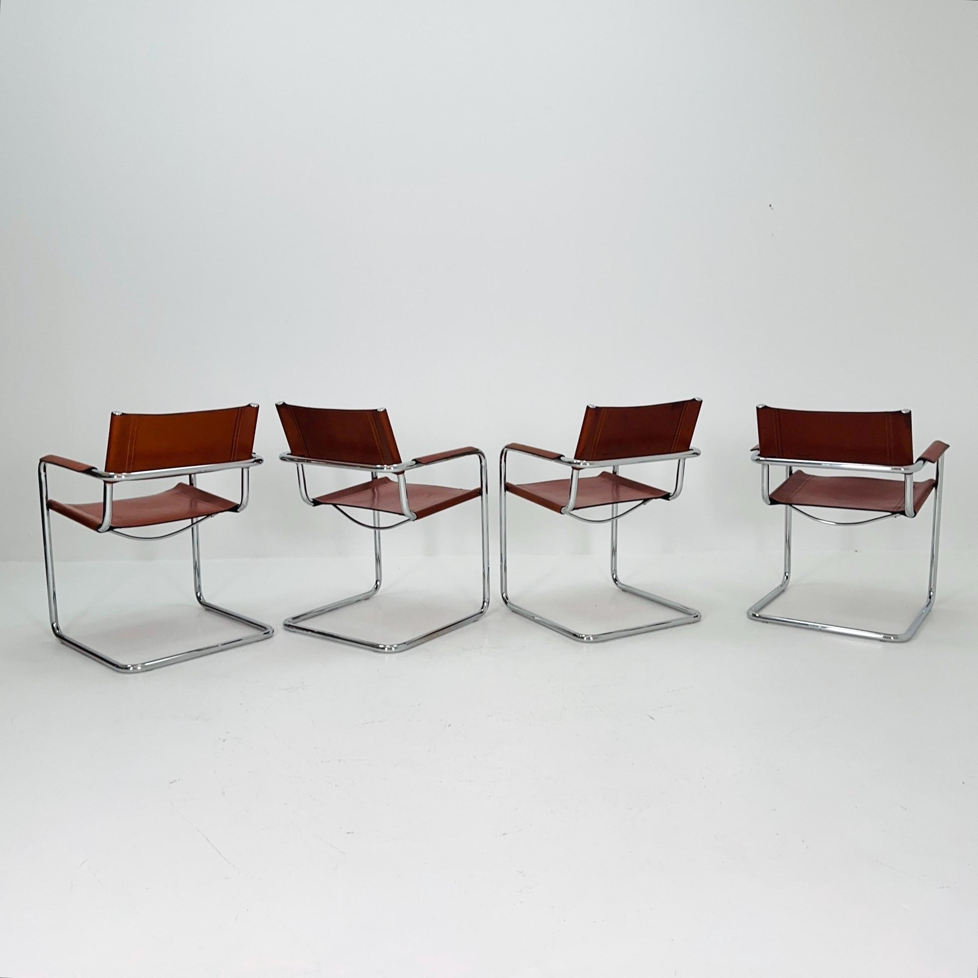 Set of 4 Model MG5 Centro Studi dining cognac leather chairs by Mart Stam & Marcel Breuer for Matteo Grassi, 1980s