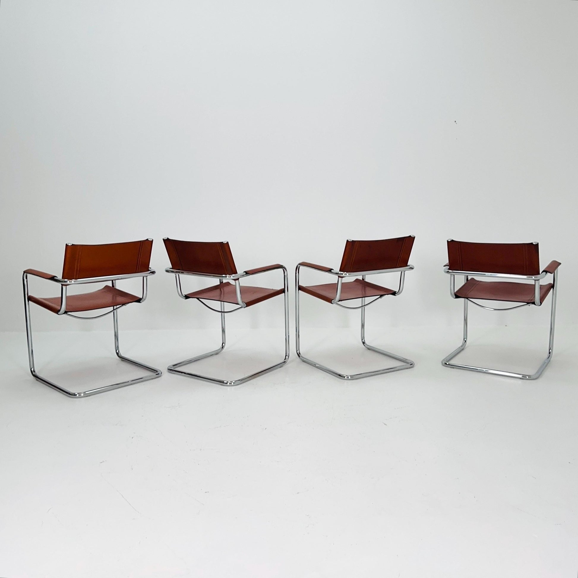 Set of 4 Model MG5 Centro Studi dining cognac leather chairs by Mart Stam & Marcel Breuer for Matteo Grassi, 1980s