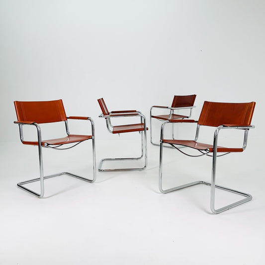Set of 4 Model MG5 Centro Studi dining cognac leather chairs by Mart Stam & Marcel Breuer for Matteo Grassi, 1980s