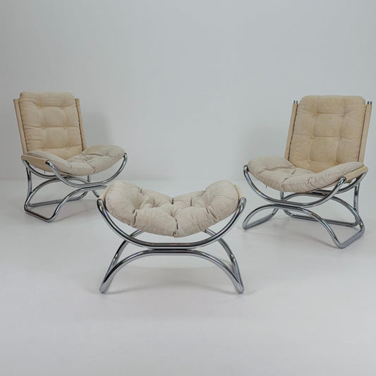 Set of 3 Mid century Jan Schröfer Lounge Chairs & Ottoman for Ahrend de Cirkel, 1970s Netherlands