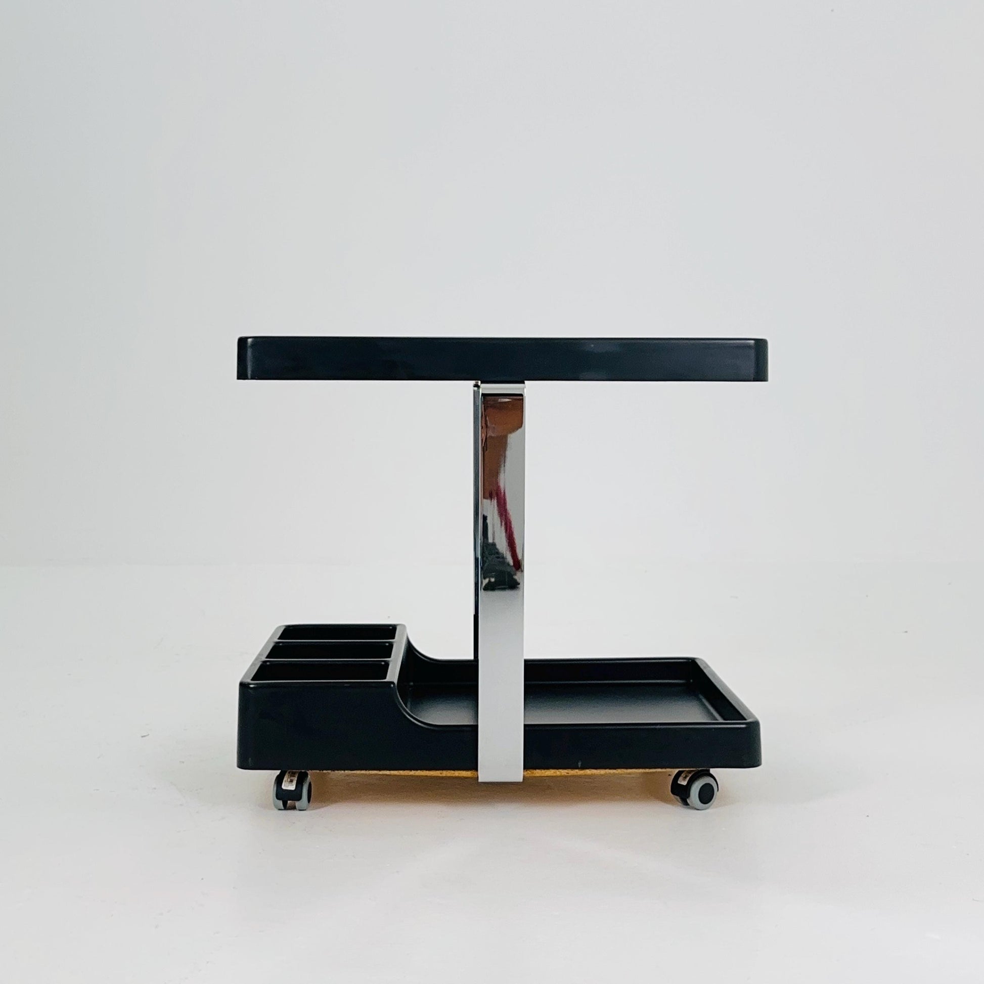 Mid Century Modern Black Bar Cart / Trolley Side Table – Chrome Frame, Italy 1980s