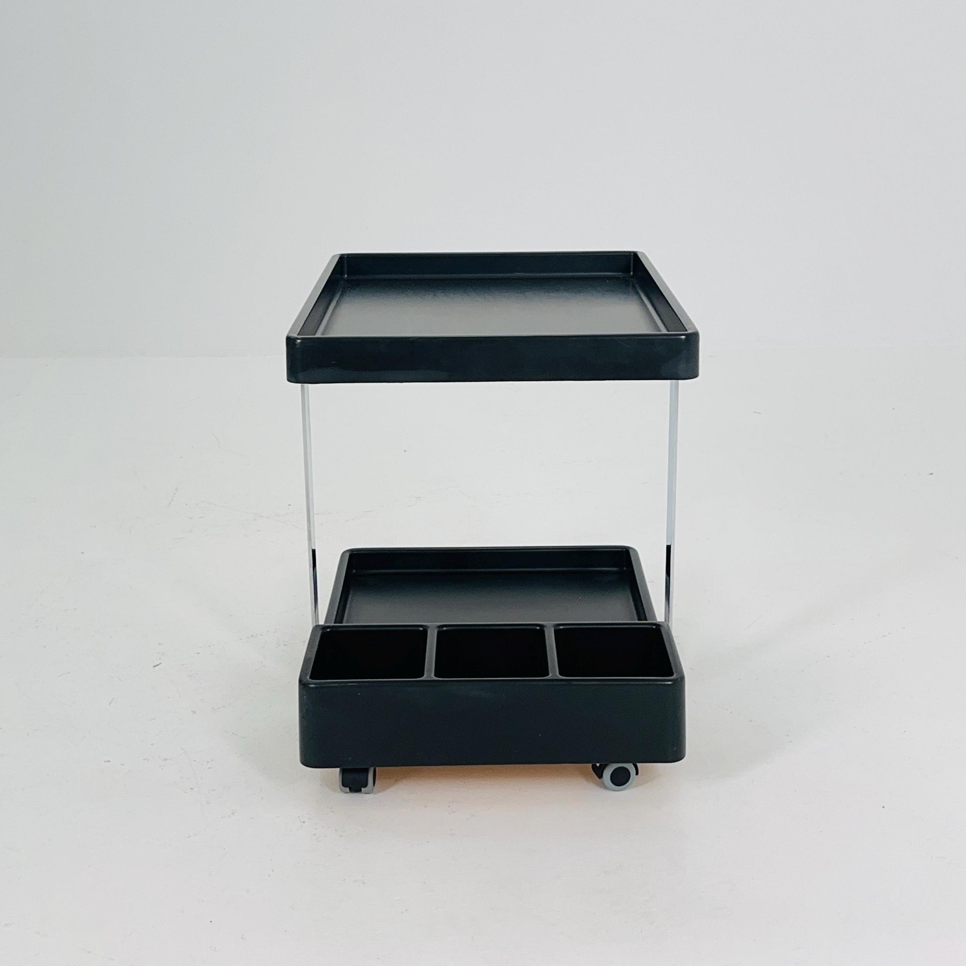 Mid Century Modern Black Bar Cart / Trolley Side Table – Chrome Frame, Italy 1980s