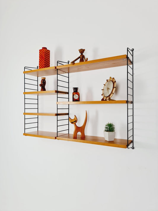 Original MCM Ash wood shelving system - consists of Black lacquered metal ladders, from string Stockholm 1960s