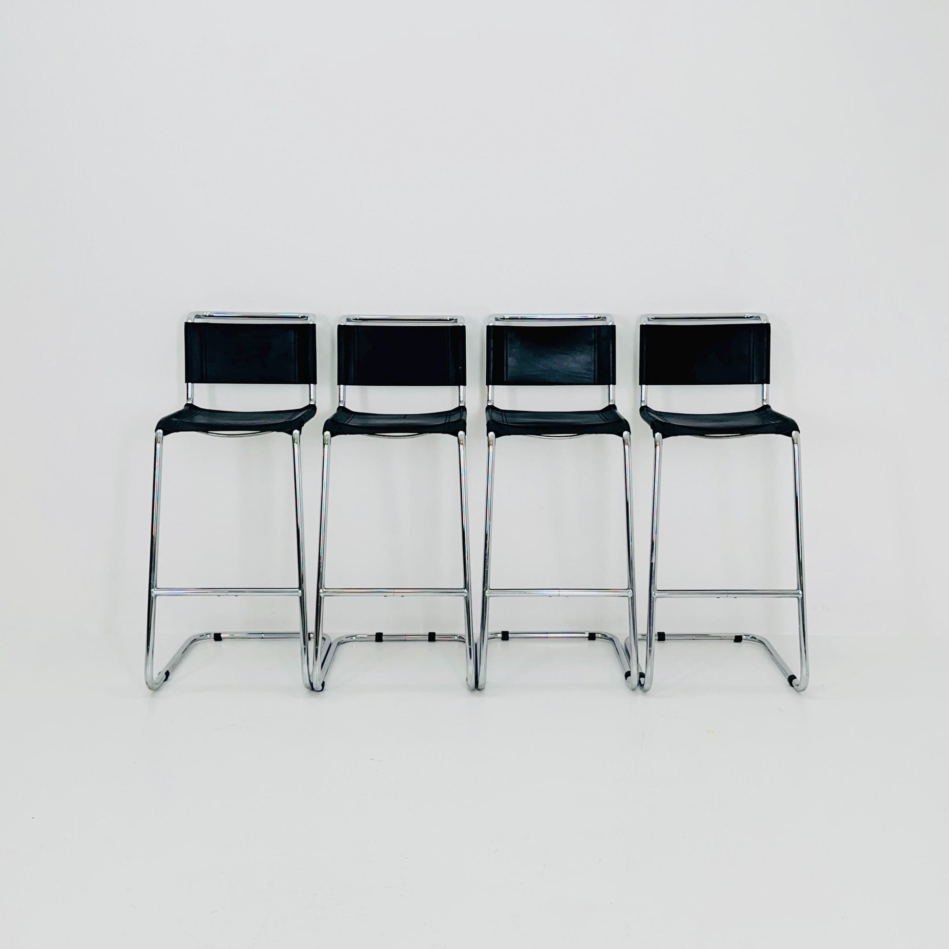 Set of 4 Bauhaus S39 L Bar Stools by Mart Stam for Thonet – Black Vegetal Leather & Chrome – 1970s Germany