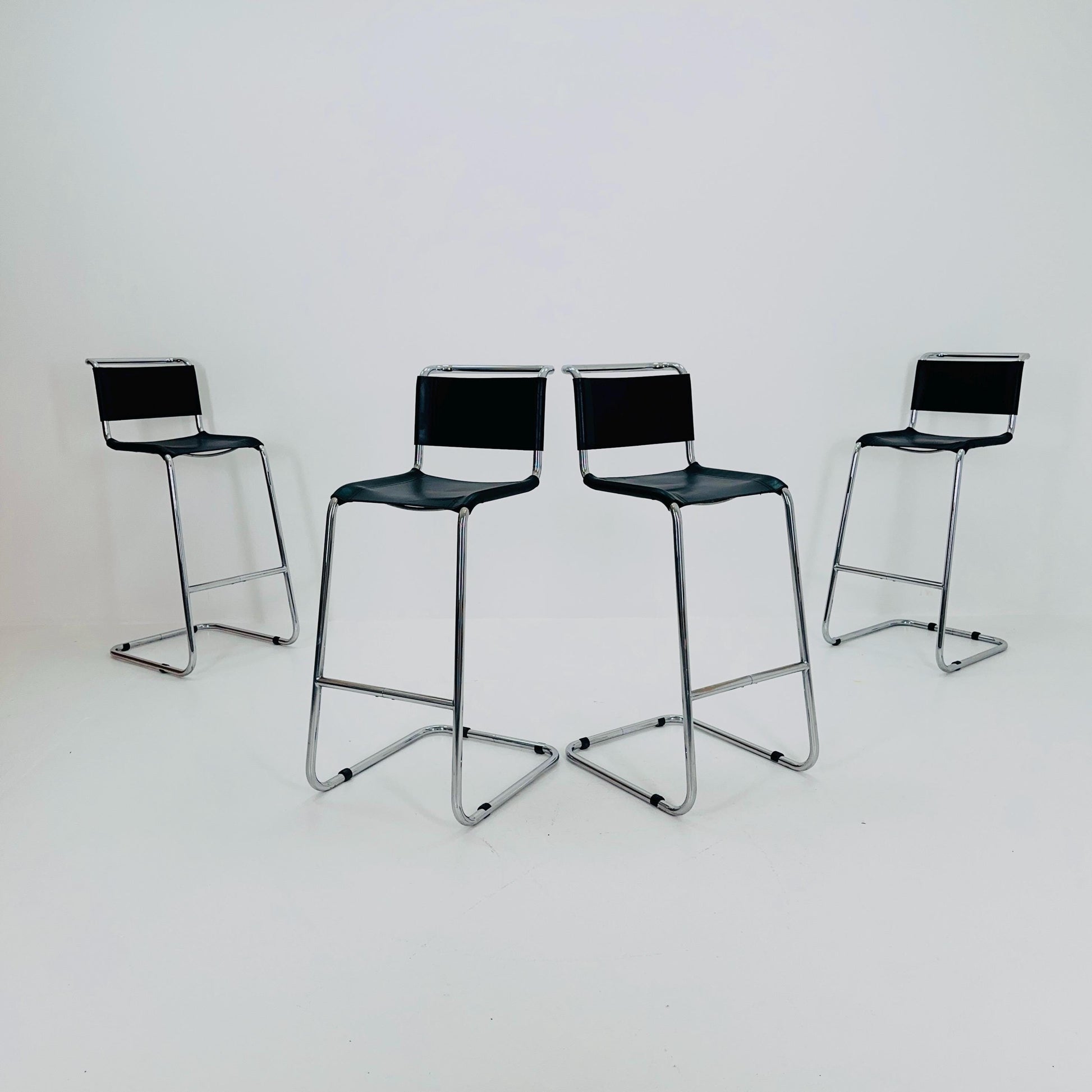 Set of 4 Bauhaus S39 L Bar Stools by Mart Stam for Thonet – Black Vegetal Leather & Chrome – 1970s Germany