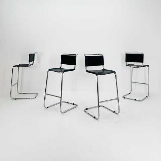 Set of 4 Bauhaus S39 L Bar Stools by Mart Stam for Thonet – Black Vegetal Leather & Chrome – 1970s Germany