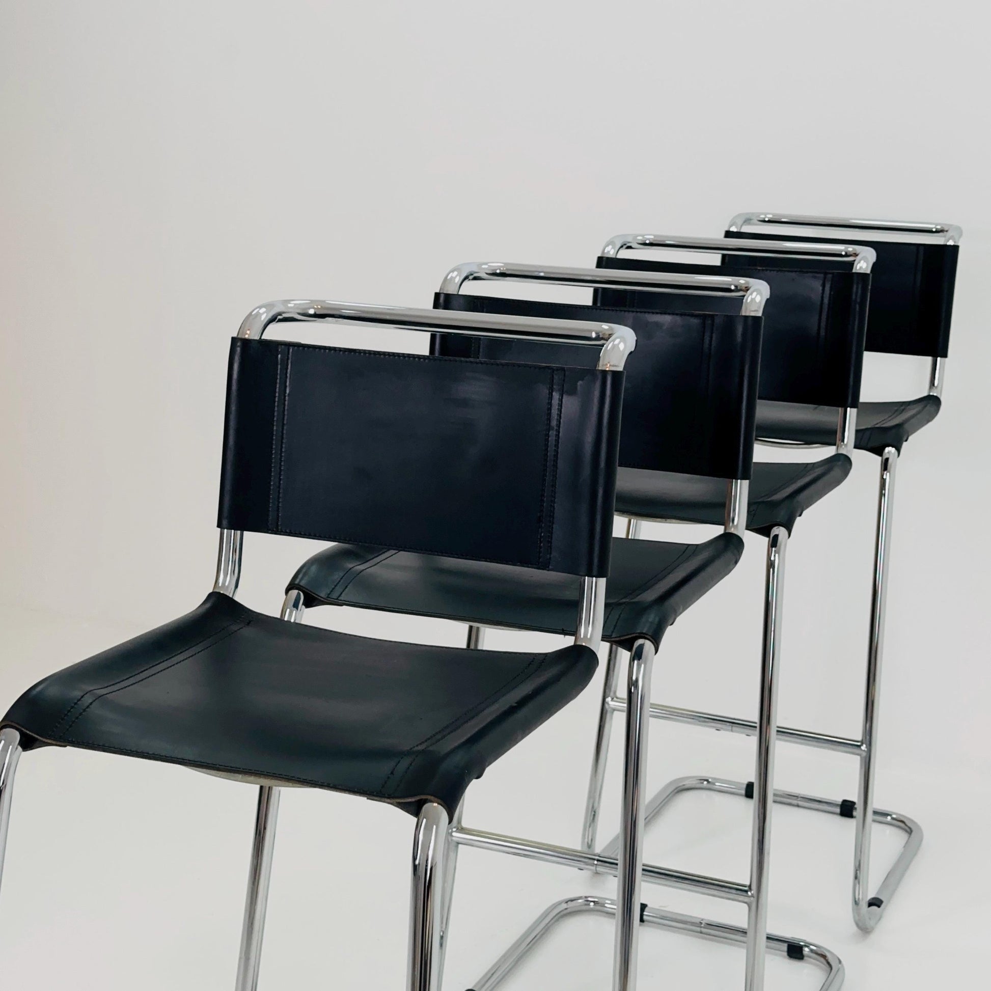 Set of 4 Bauhaus S39 L Bar Stools by Mart Stam for Thonet – Black Vegetal Leather & Chrome – 1970s Germany