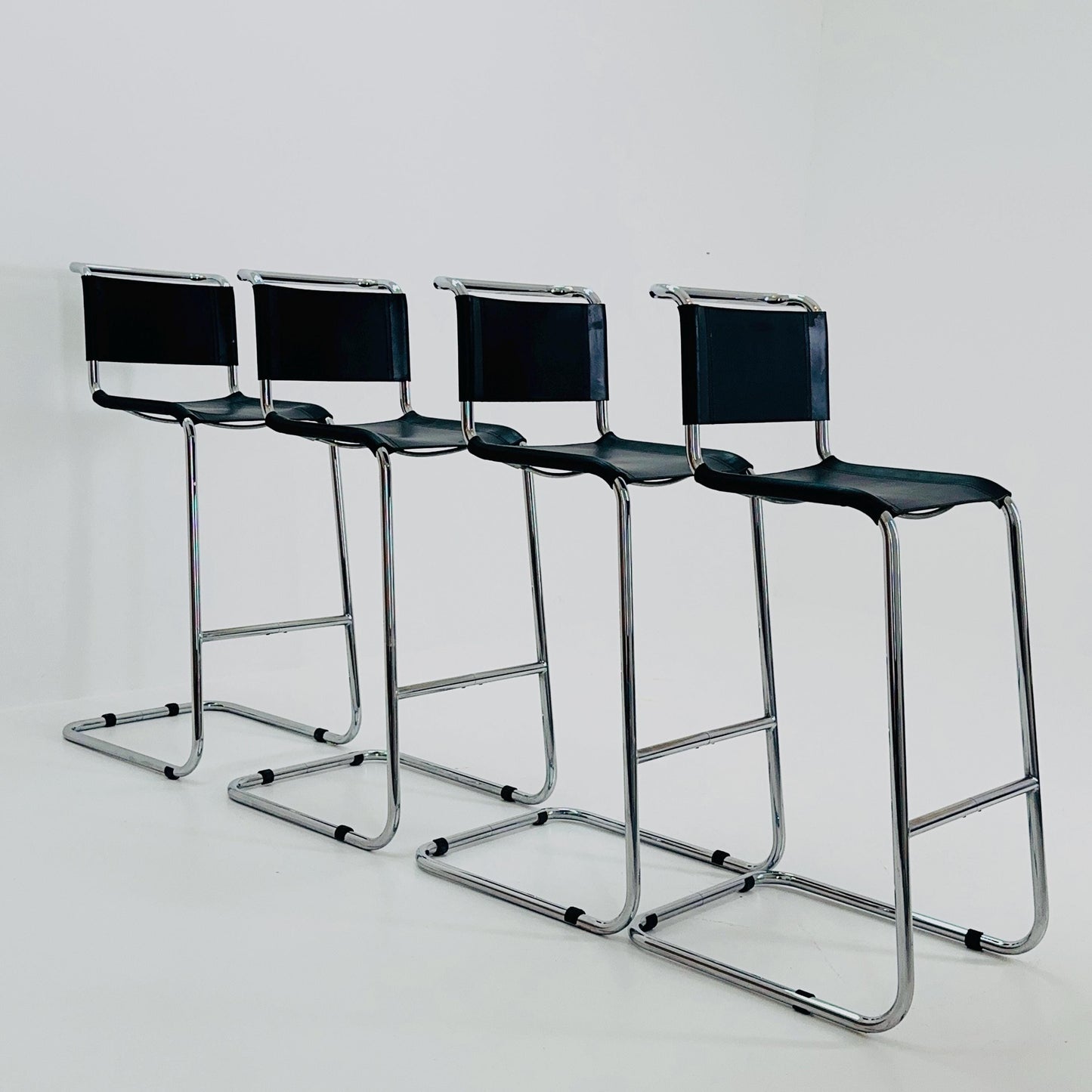 Set of 4 Bauhaus S39 L Bar Stools by Mart Stam for Thonet – Black Vegetal Leather & Chrome – 1970s Germany