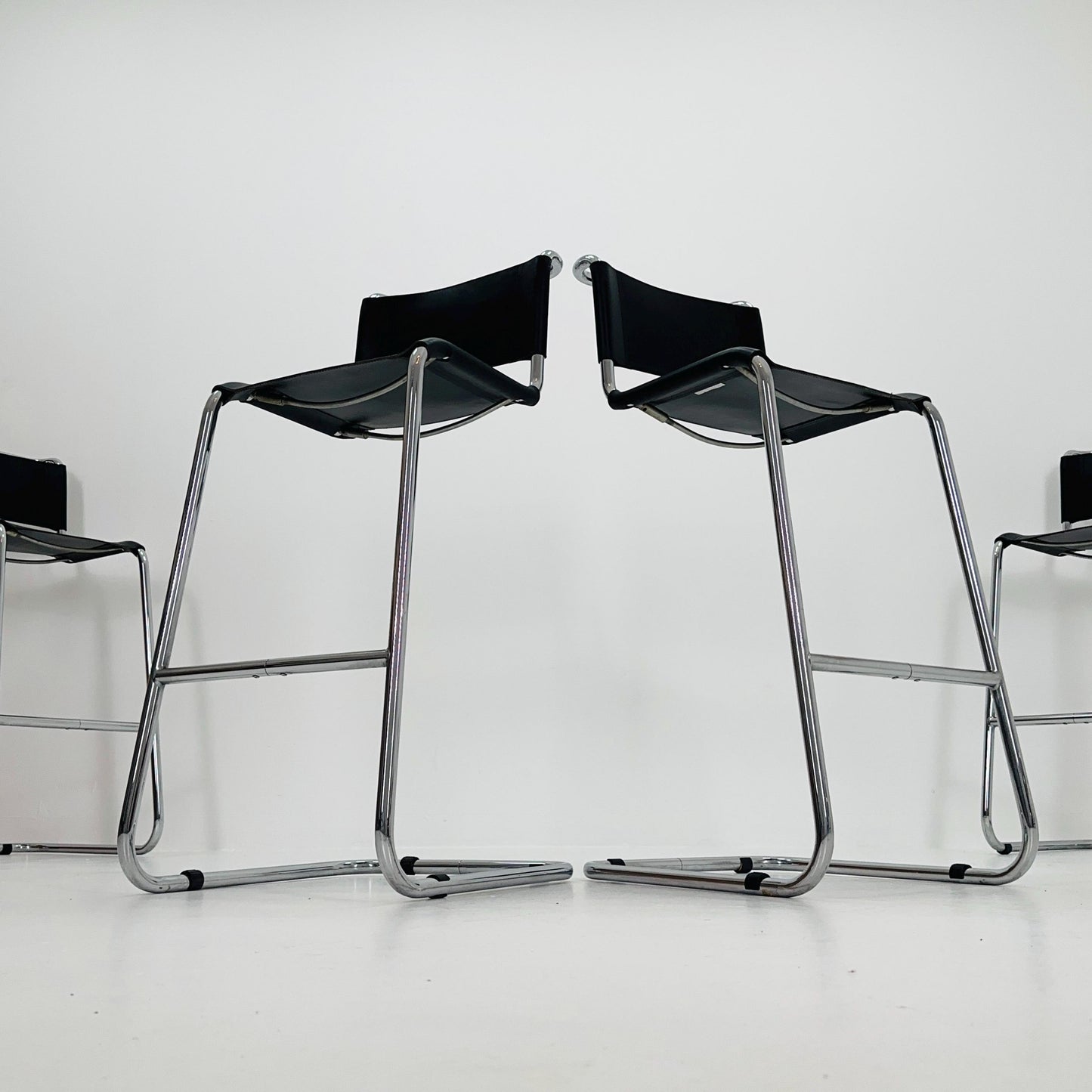 Set of 4 Bauhaus S39 L Bar Stools by Mart Stam for Thonet – Black Vegetal Leather & Chrome – 1970s Germany
