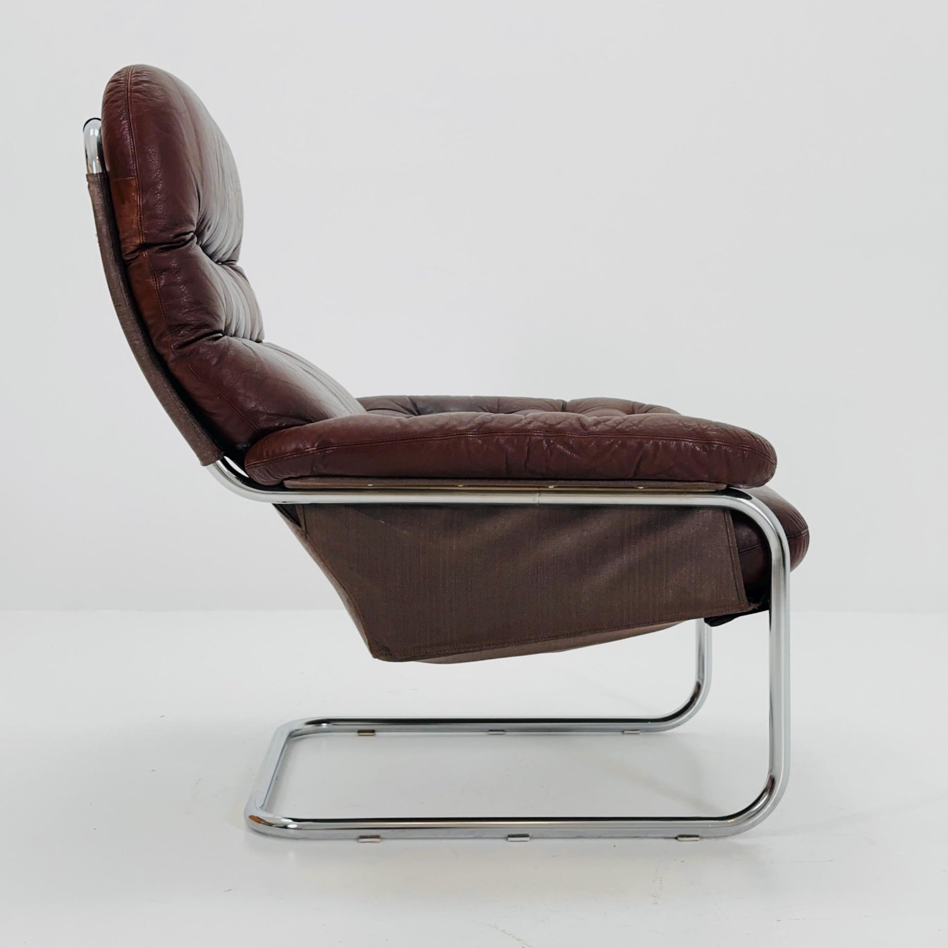 Mid Century Modern Cantilever Chair by Sam Larsson for Dux – Chrome & Brown Leather – Sweden 1970s