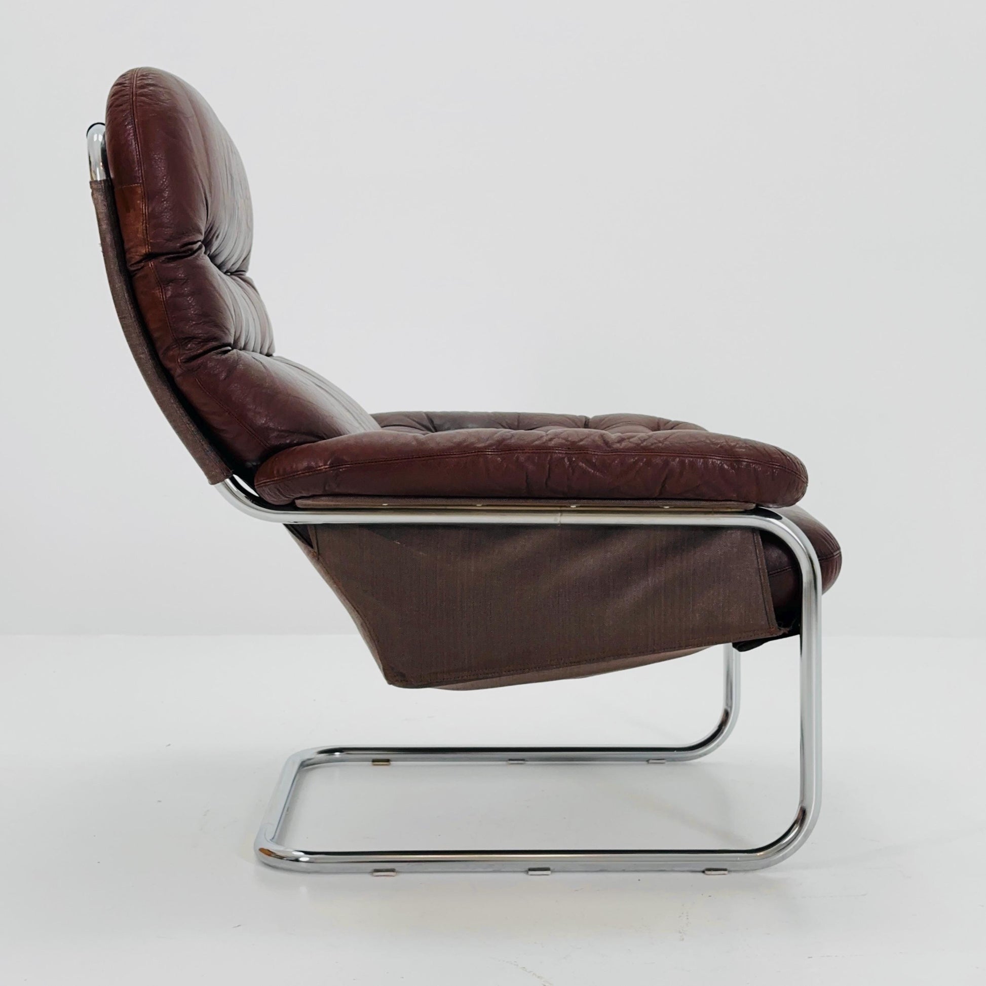 Mid Century Modern Cantilever Chair by Sam Larsson for Dux – Chrome & Brown Leather – Sweden 1970s