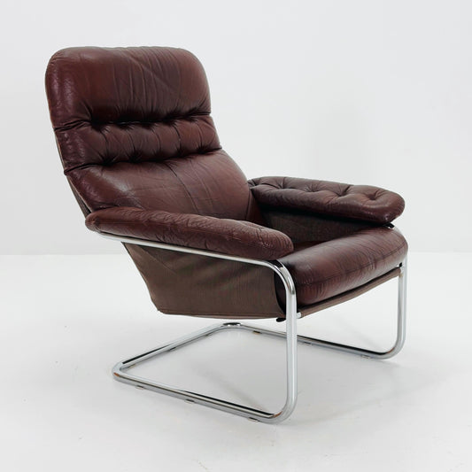 Mid Century Modern Cantilever Chair by Sam Larsson for Dux – Chrome & Brown Leather – Sweden 1970s