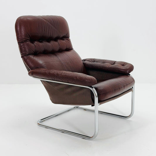 Mid Century Modern Cantilever Chair by Sam Larsson for Dux – Chrome & Brown Leather – Sweden 1970s