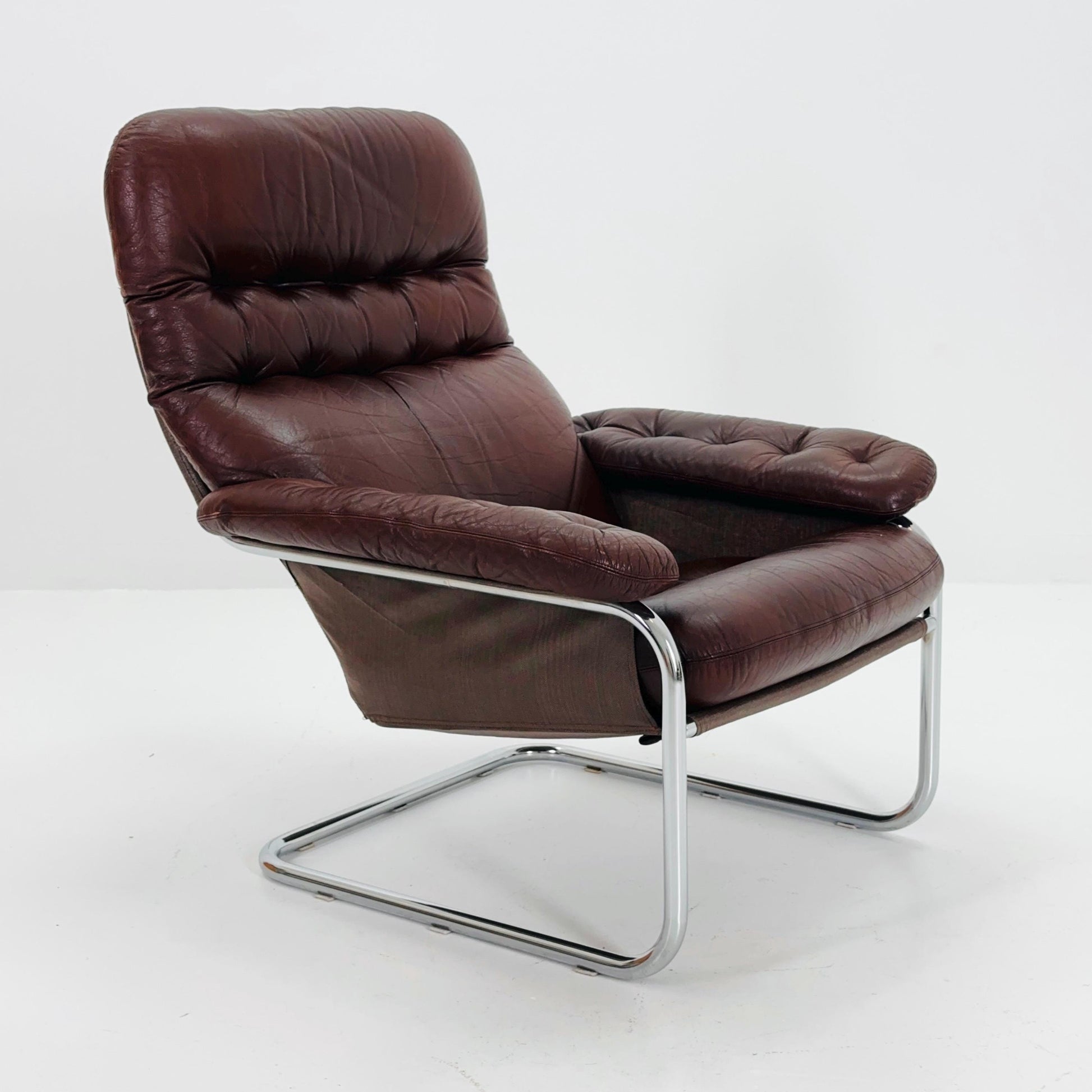 Mid Century Modern Cantilever Chair by Sam Larsson for Dux – Chrome & Brown Leather – Sweden 1970s