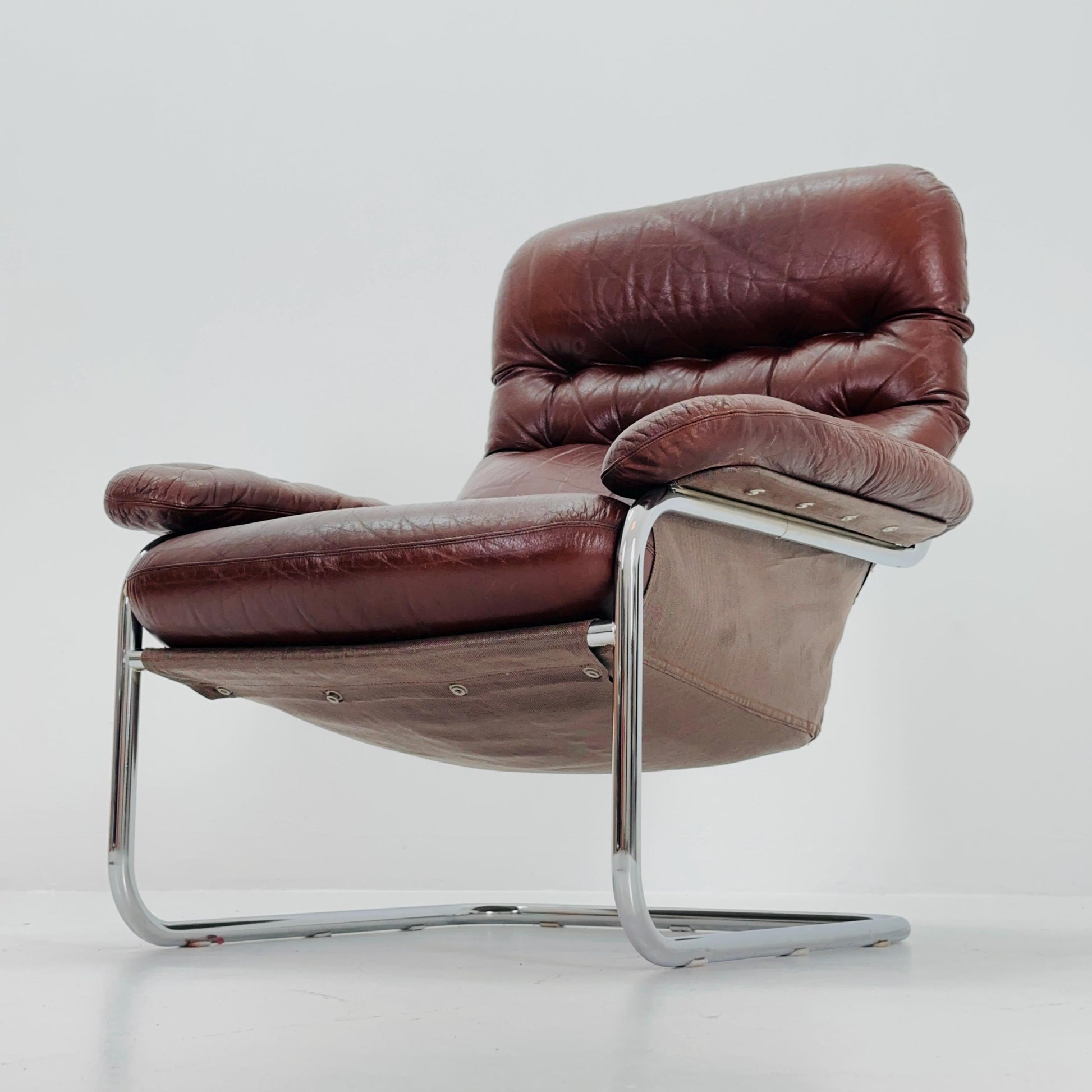 Mid Century Modern Cantilever Chair by Sam Larsson for Dux – Chrome & Brown Leather – Sweden 1970s