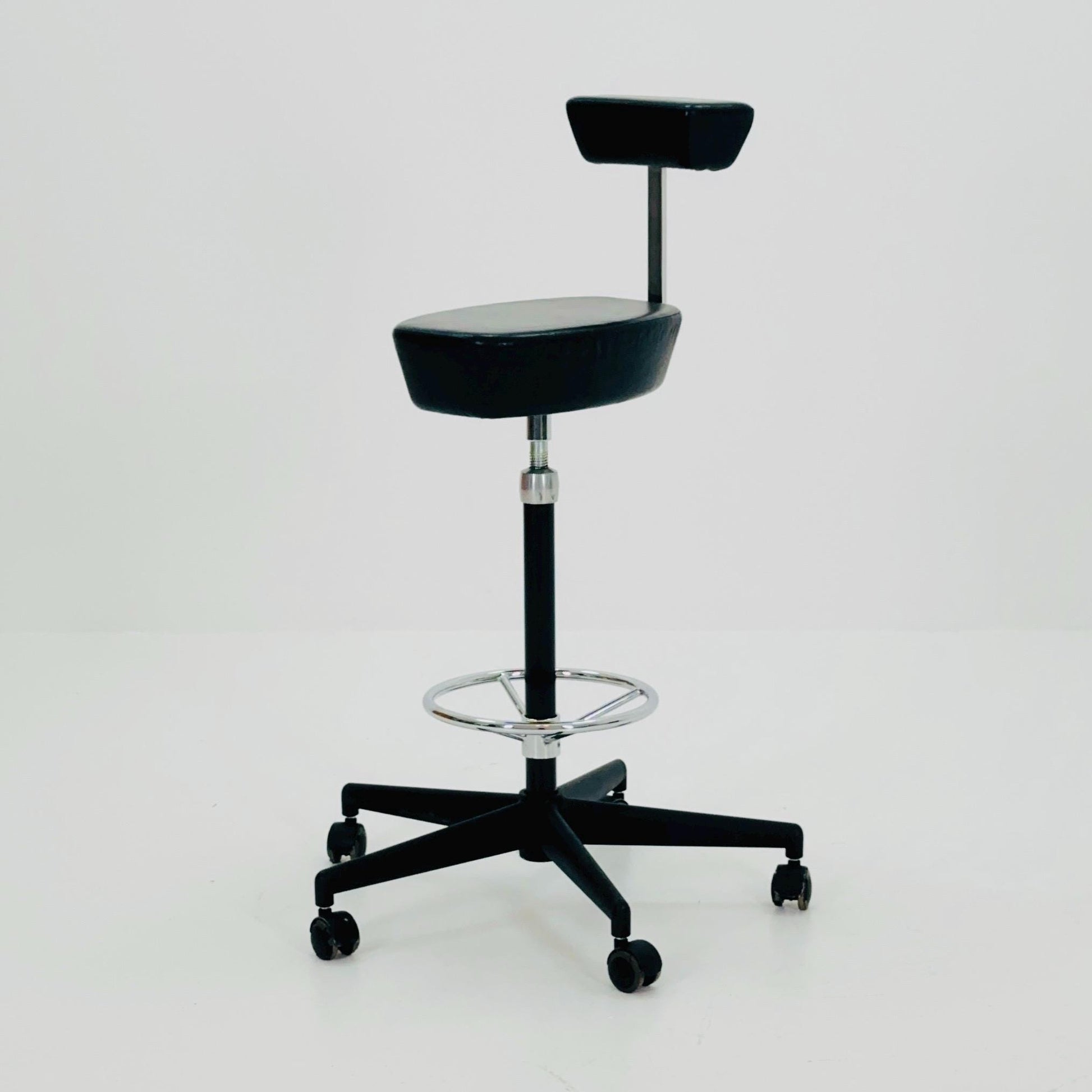 Mid century Parchment black leather swivel stool by George Nelson and Robert Propst for Vitra 1990s