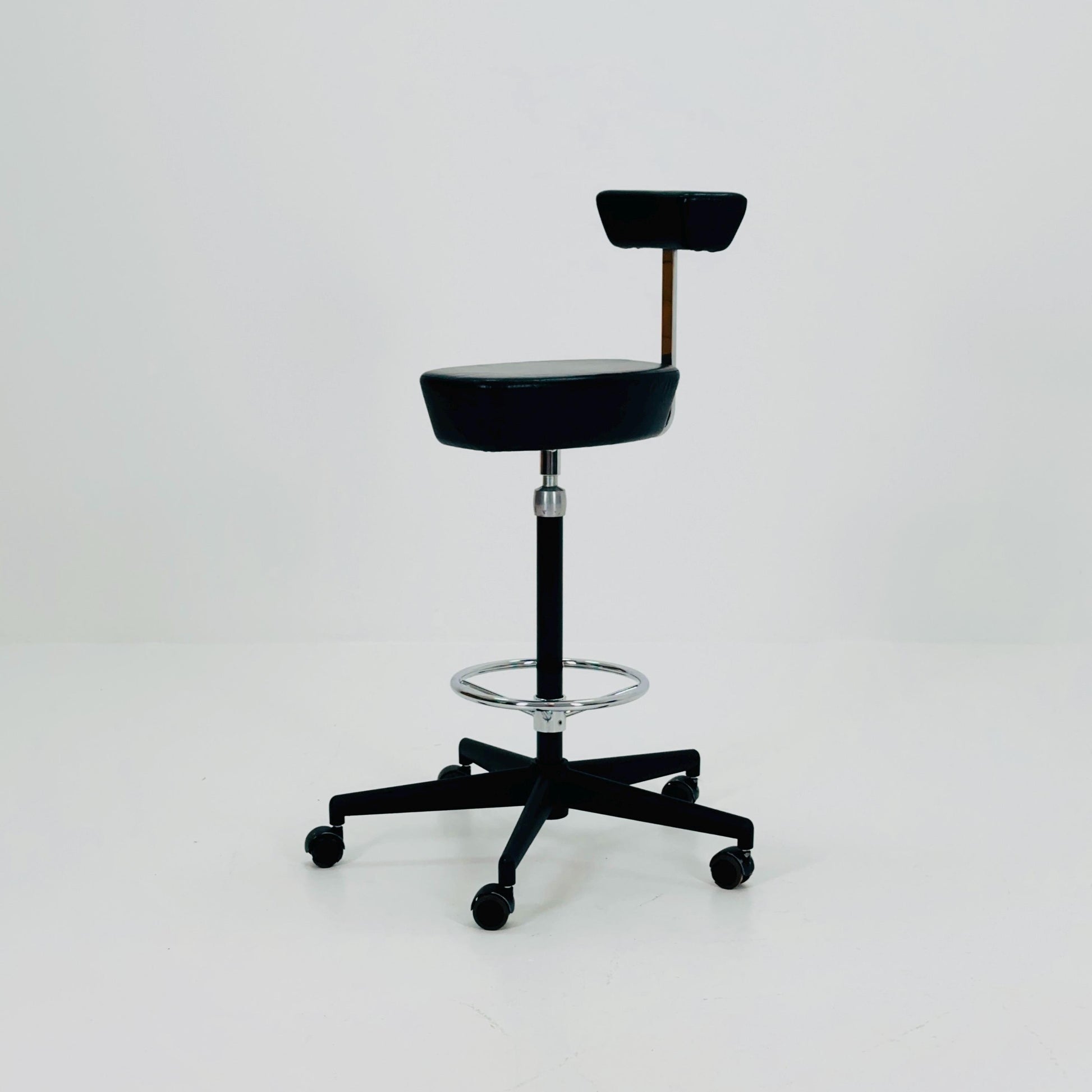 Mid century Parchment black leather swivel stool by George Nelson and Robert Propst for Vitra 1990s