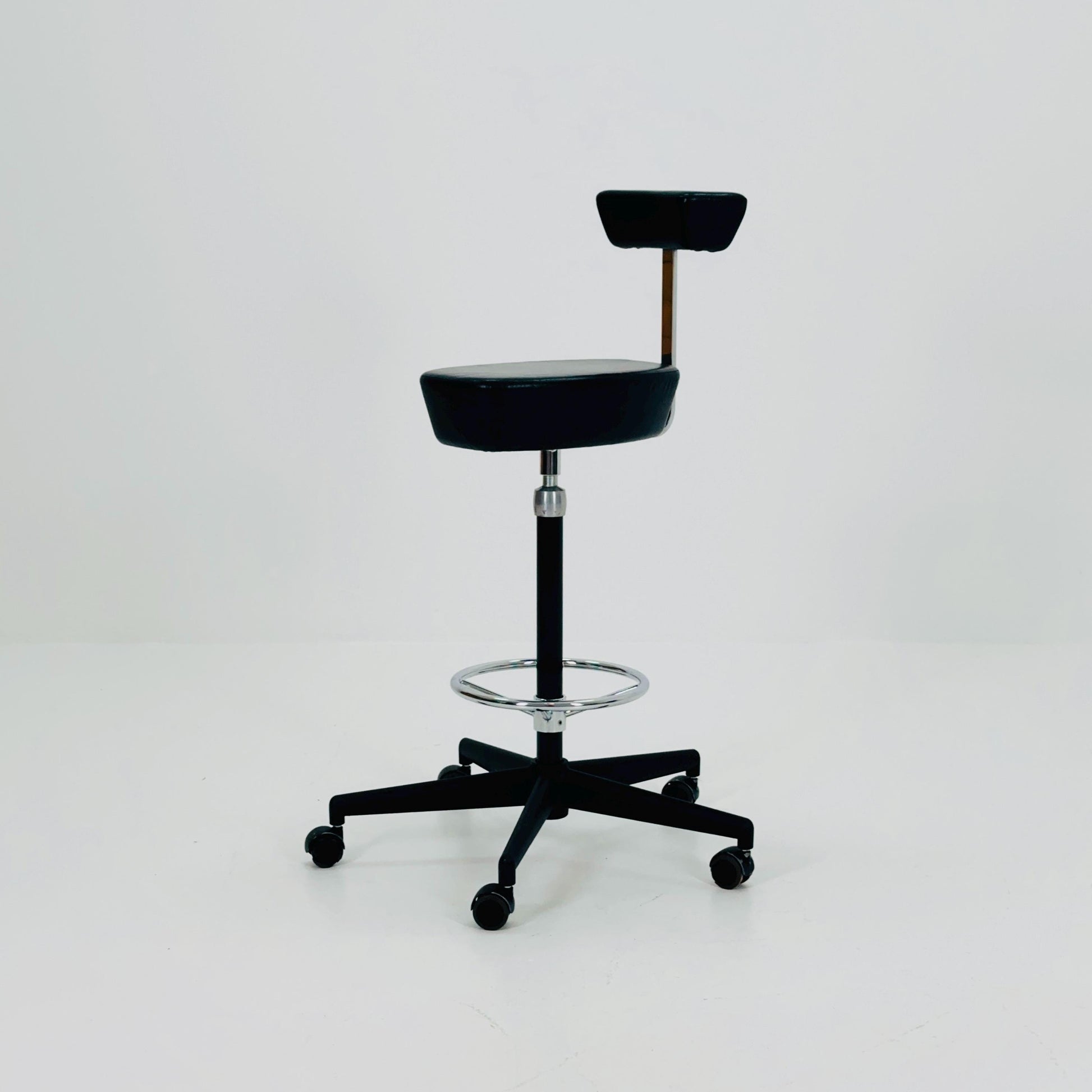 Mid century Parchment black leather swivel stool by George Nelson and Robert Propst for Vitra 1990s
