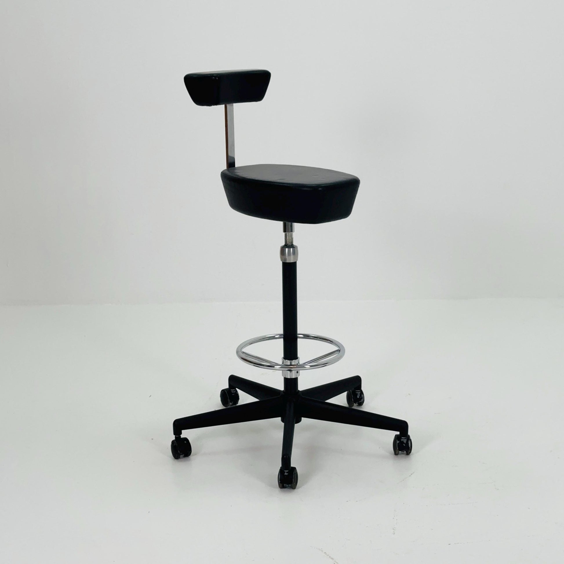 Mid century Parchment black leather swivel stool by George Nelson and Robert Propst for Vitra 1990s