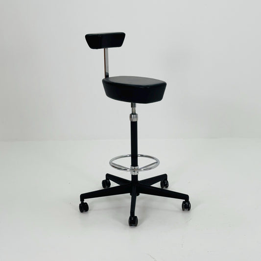 Mid century Parchment black leather swivel stool by George Nelson and Robert Propst for Vitra 1990s