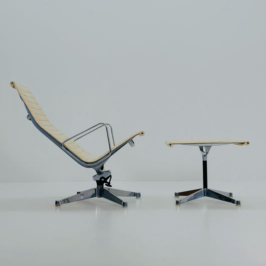 Mid Century Charles & Ray Eames EA 124 Aluminium Lounge Chair and Ottoman– Cream Leather Herman Miller, USA, 1980s