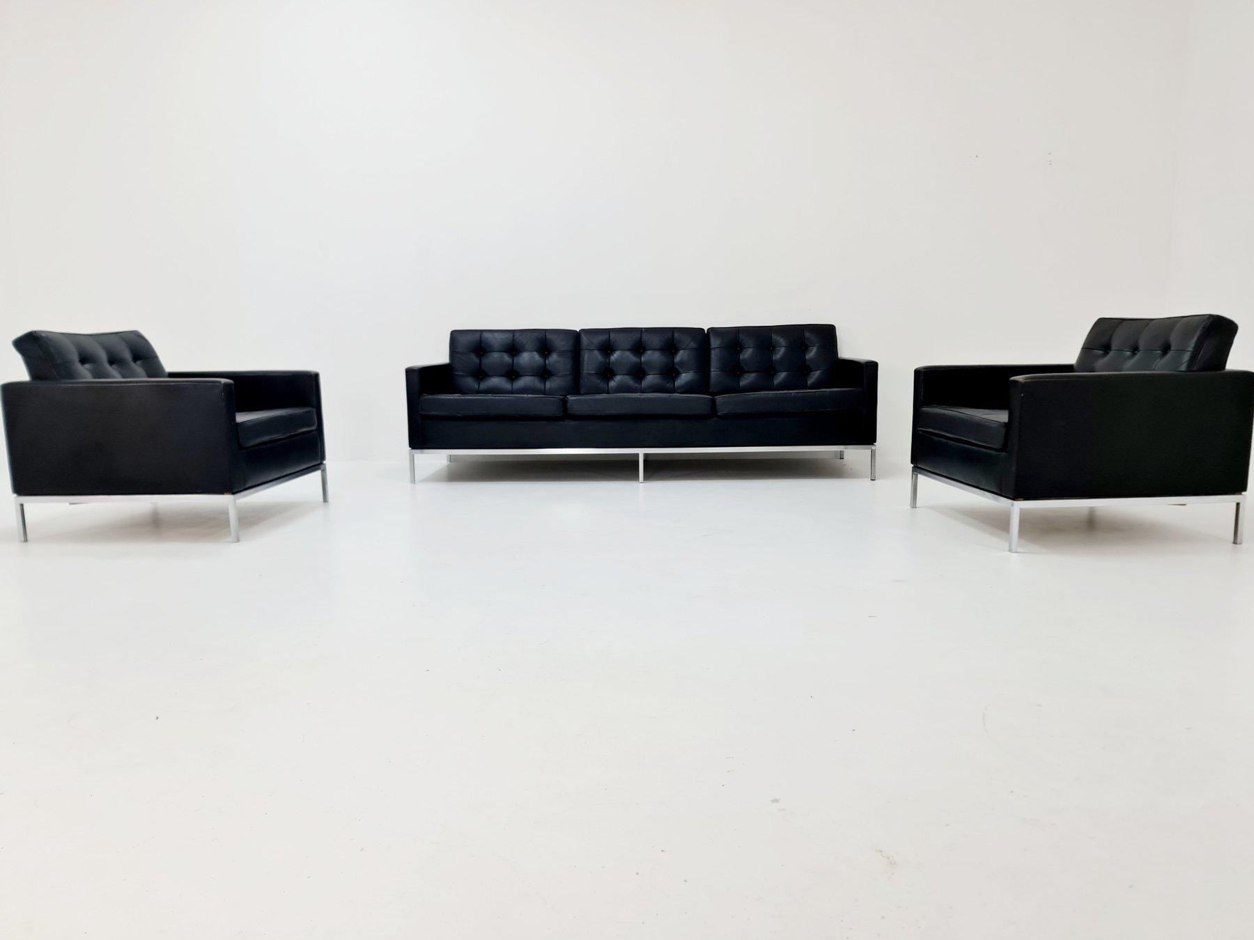 Rare Mid-Century Florence Knoll Bassett Set – Three-Seat Sofa & Two Armchairs – Black Leather – Knoll International , 1950s Germany