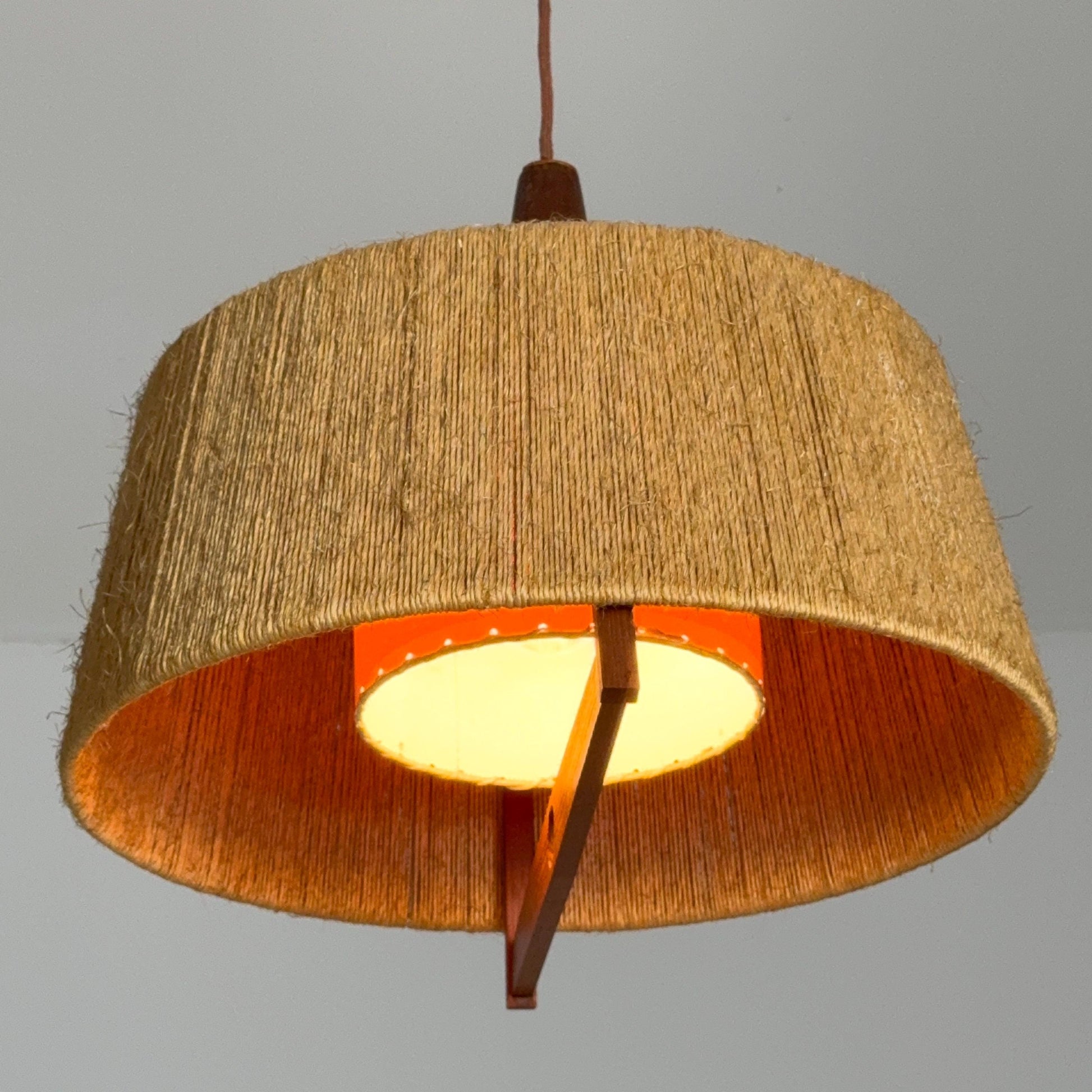 Mid Century Sisal Teak Pendant Lamp by Temde Leuchten, 1960s