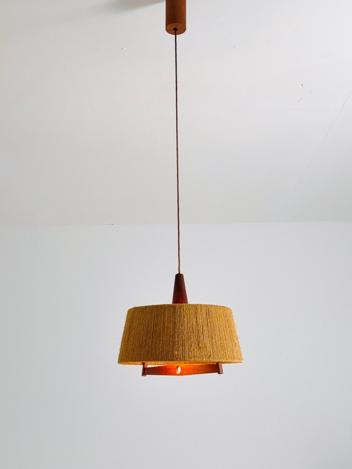 Mid Century Sisal Teak Pendant Lamp by Temde Leuchten, 1960s