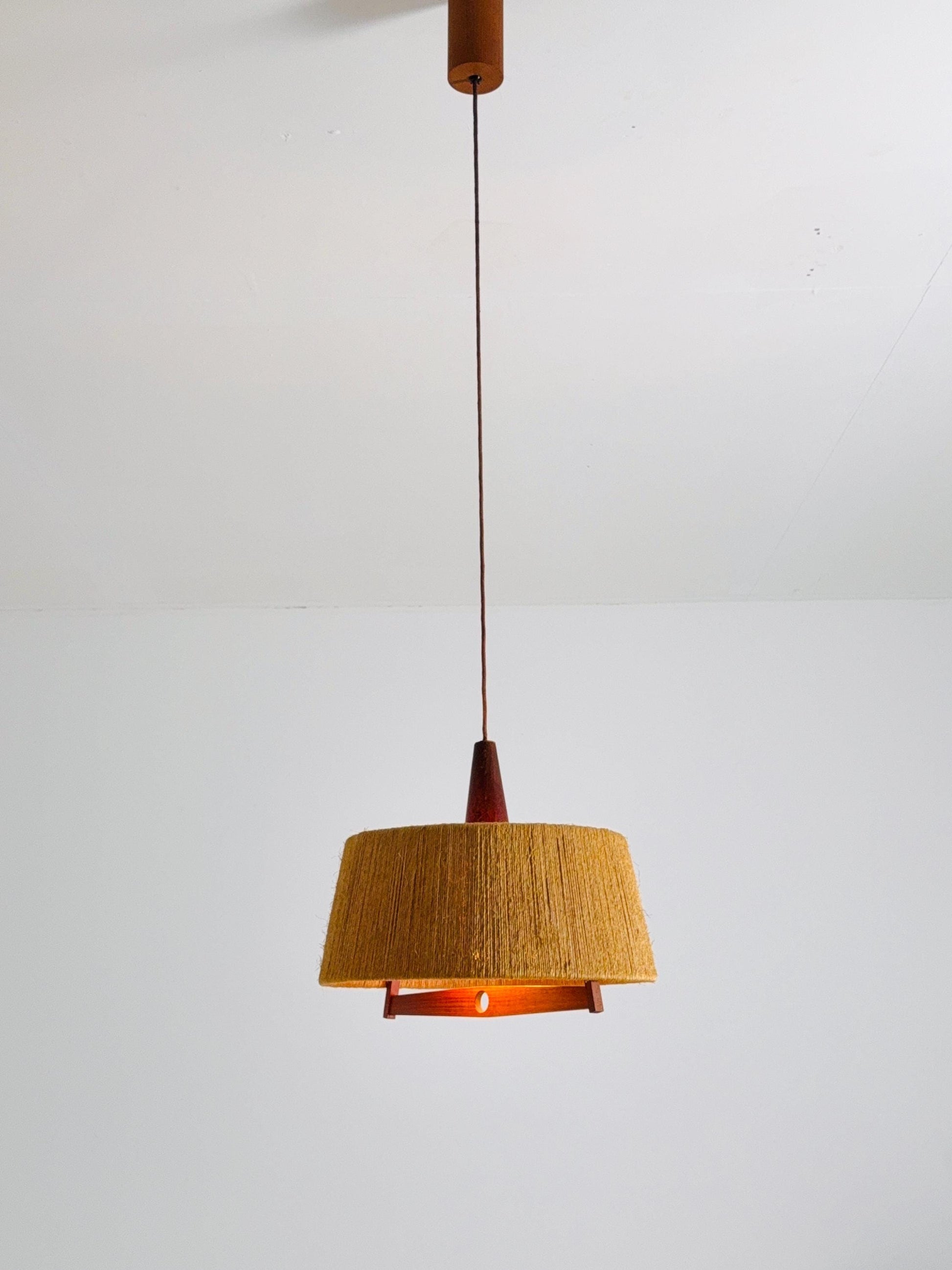 Mid Century Sisal Teak Pendant Lamp by Temde Leuchten, 1960s