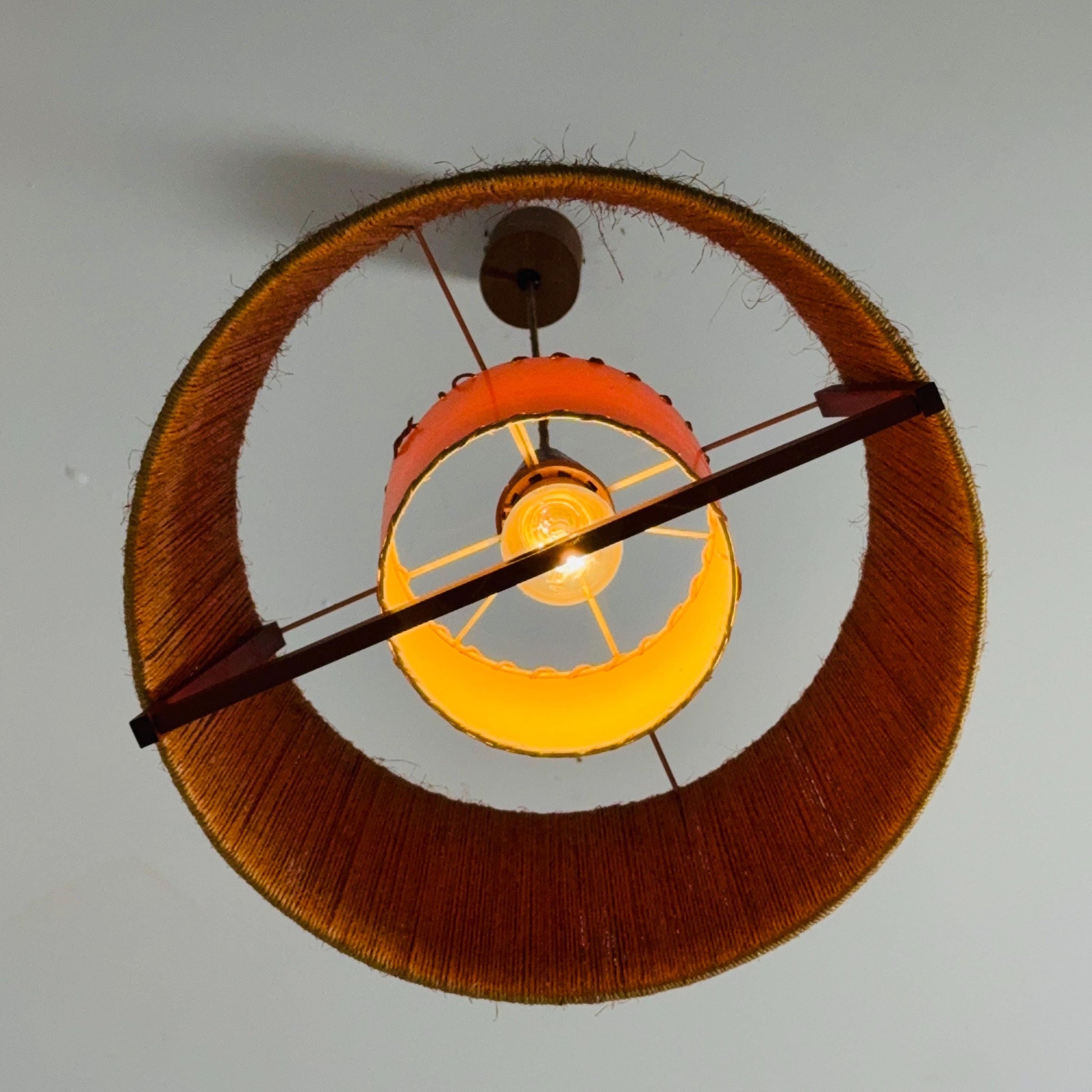 Mid Century Sisal Teak Pendant Lamp by Temde Leuchten, 1960s